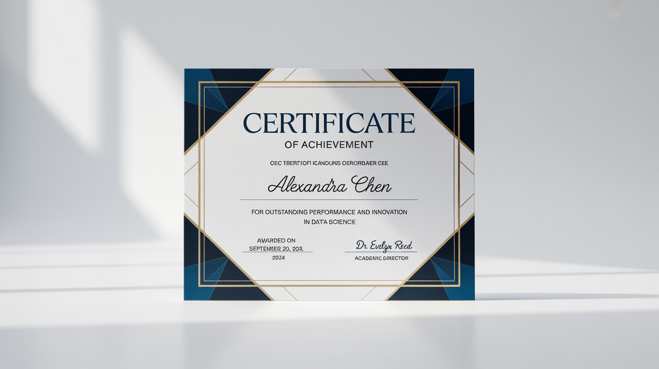 A mockup of an elegant certificate of achievement awarded to 'Alexandra Chen' for performance in Data Science. The certificate has a decorative gold and blue border and features a mix of serif, script, and sans-serif fonts on a white background.