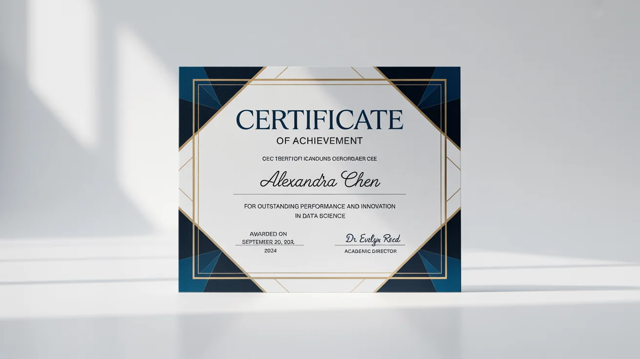 A mockup of an elegant certificate of achievement awarded to 'Alexandra Chen' for performance in Data Science. The certificate has a decorative gold and blue border and features a mix of serif, script, and sans-serif fonts on a white background.