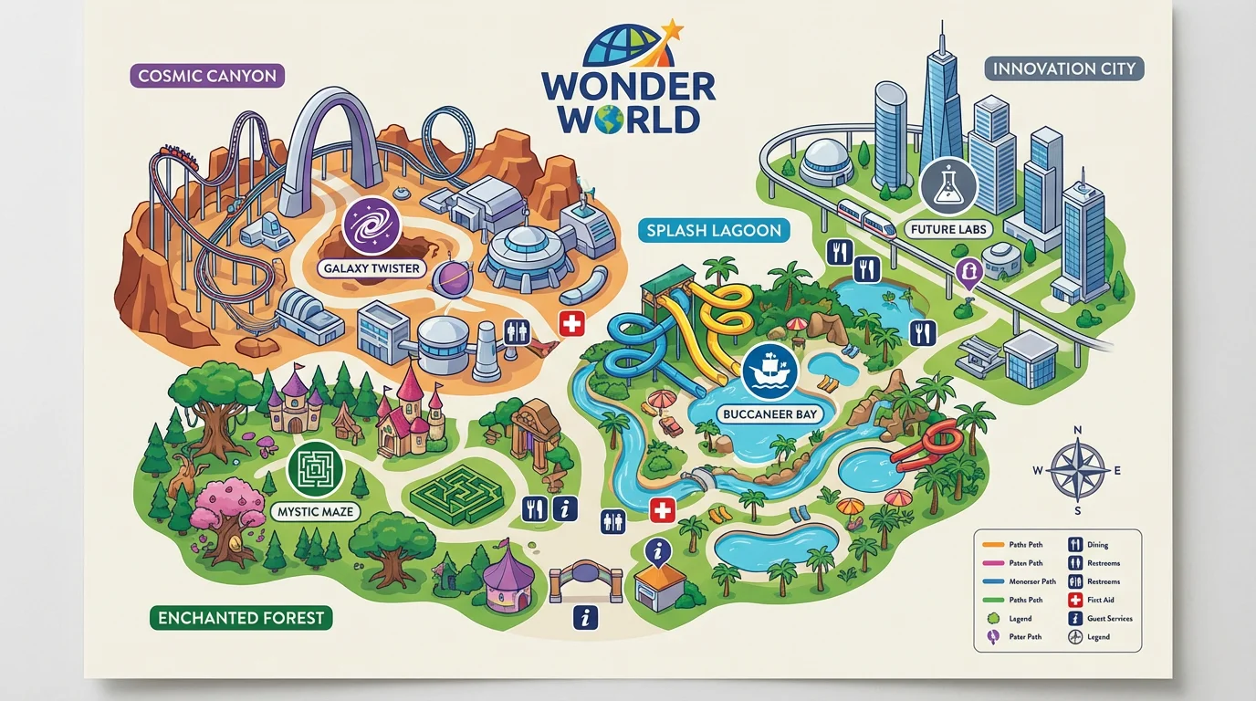 A professionally designed digital map for a fictional theme park called 'Wonder World', showcasing colorful themed areas, roller coasters, and water rides with clear icons and pathways.