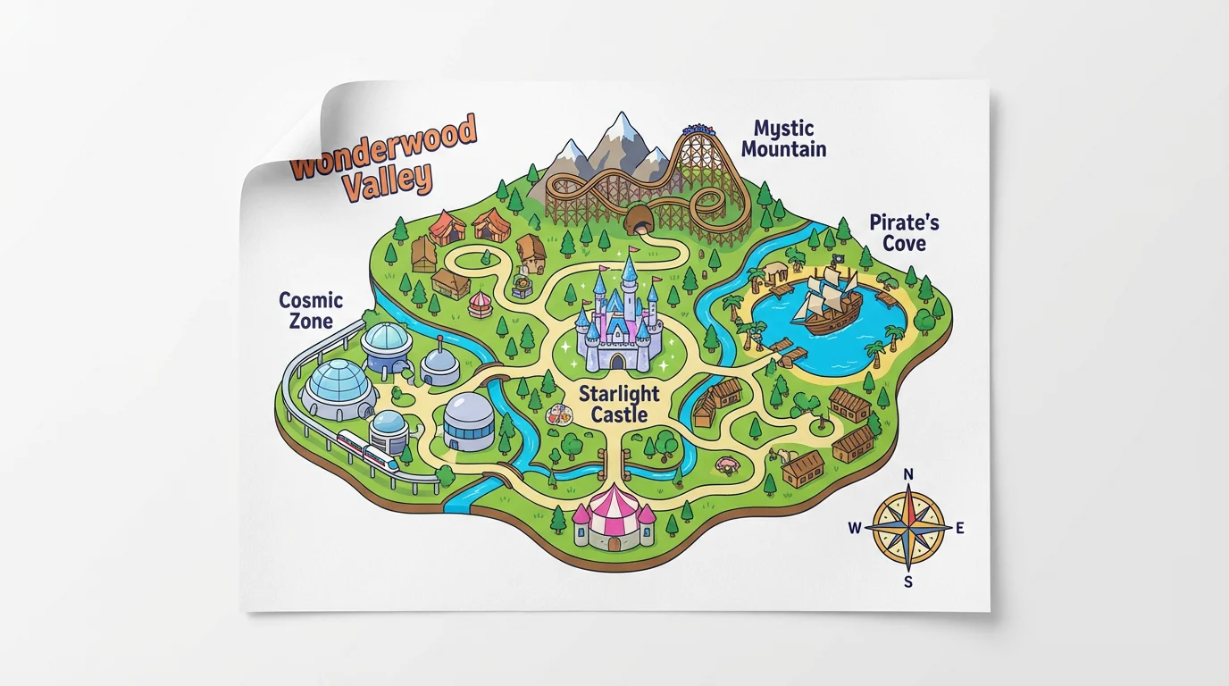 A colorful, illustrated map of a fictional theme park called 'Wonderwood Valley', showcasing various attractions like a castle and roller coaster, displayed on a plain white background.
