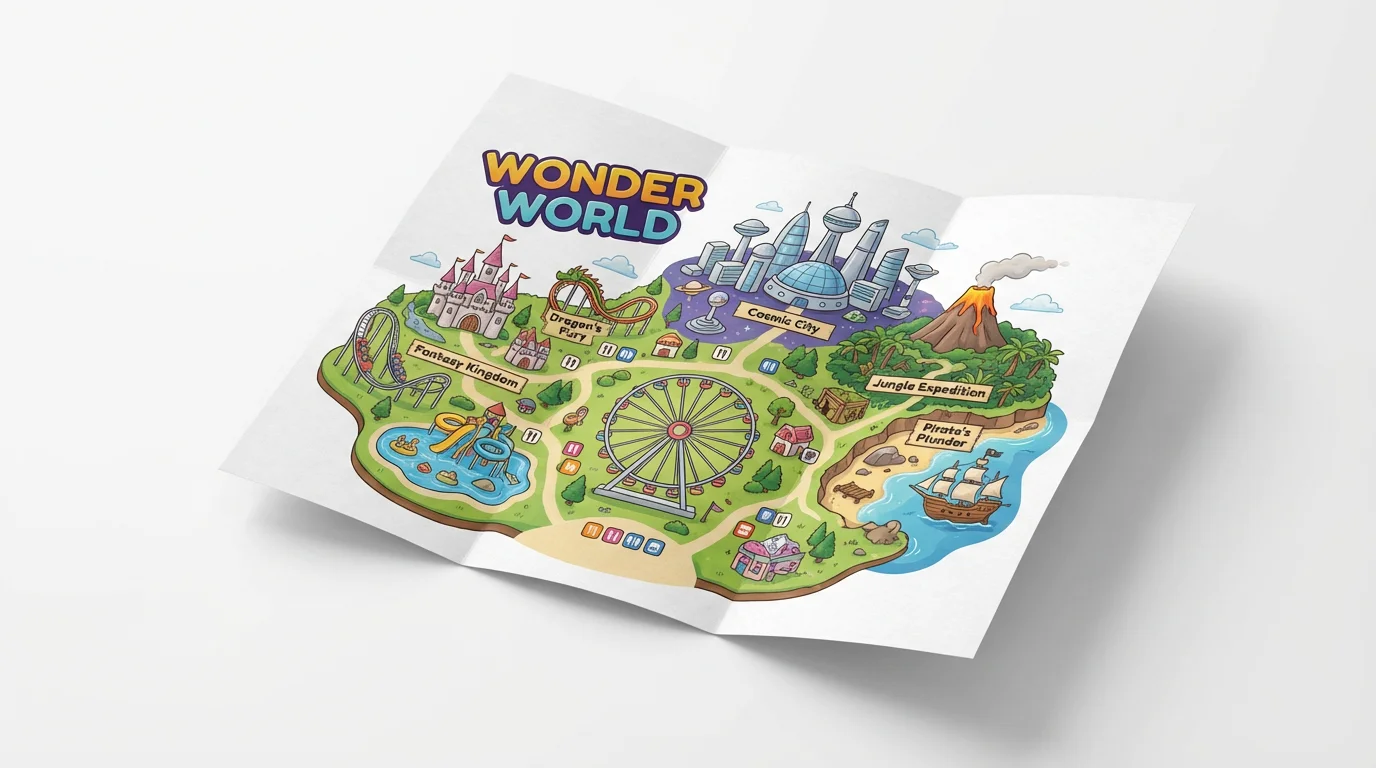 A colorful, illustrated map of a fictional theme park named 'Wonder World', displayed as a mockup on a clean white background. The map shows various themed areas, including a fantasy castle, a futuristic city, and a pirate cove.