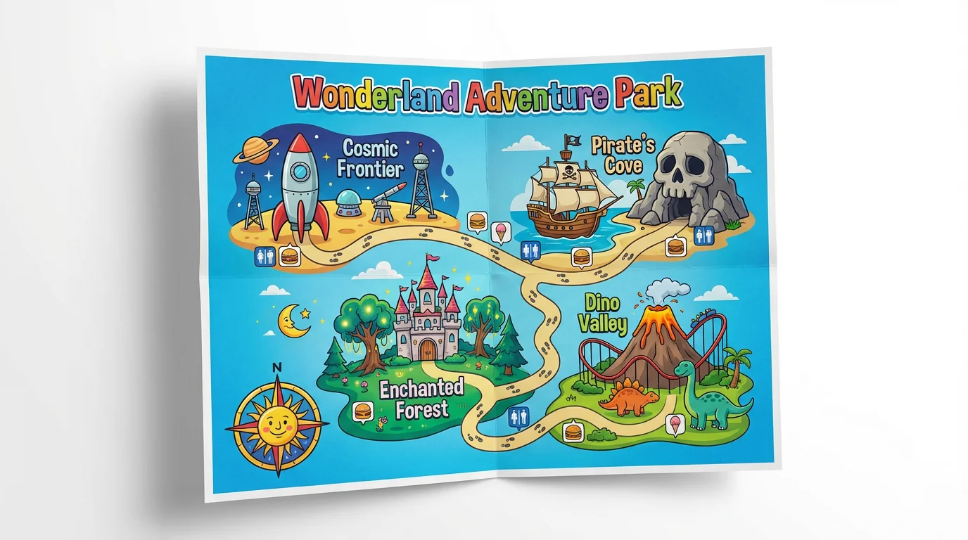A colorful illustrated map of a fictional theme park named 'Wonderland Adventure Park', displayed against a plain white background. The map shows different themed areas like a pirate cove, a futuristic land, and a fairytale forest, all connected by winding paths.