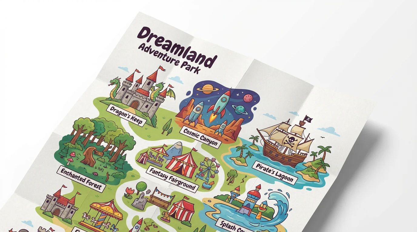 A colorful mockup of a folded theme park map for 'Dreamland Adventure Park' on a white background, illustrating whimsical areas like 'Dragon's Keep' and 'Pirate's Lagoon'.