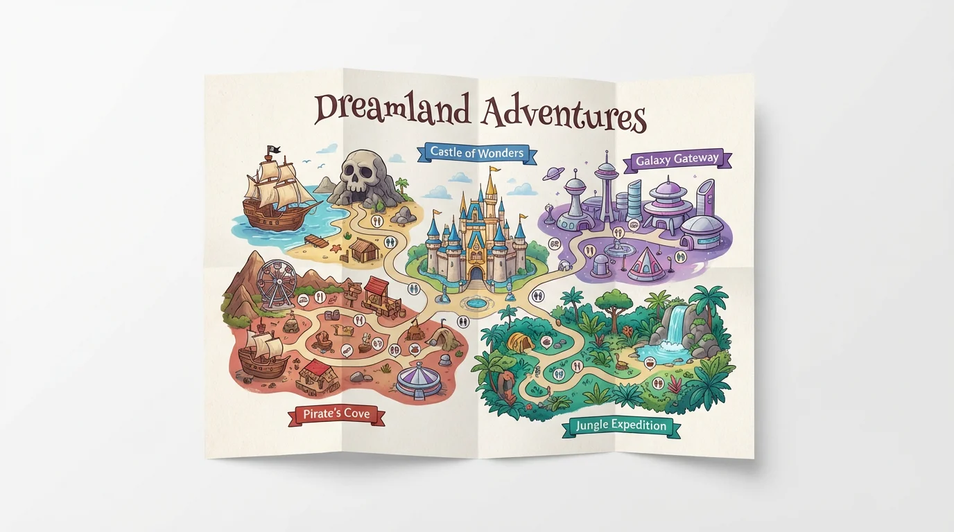 A colorful and whimsical illustrated theme park map mockup for 'Dreamland Adventures', showing different themed zones like a castle and a pirate cove, presented on a clean white background.