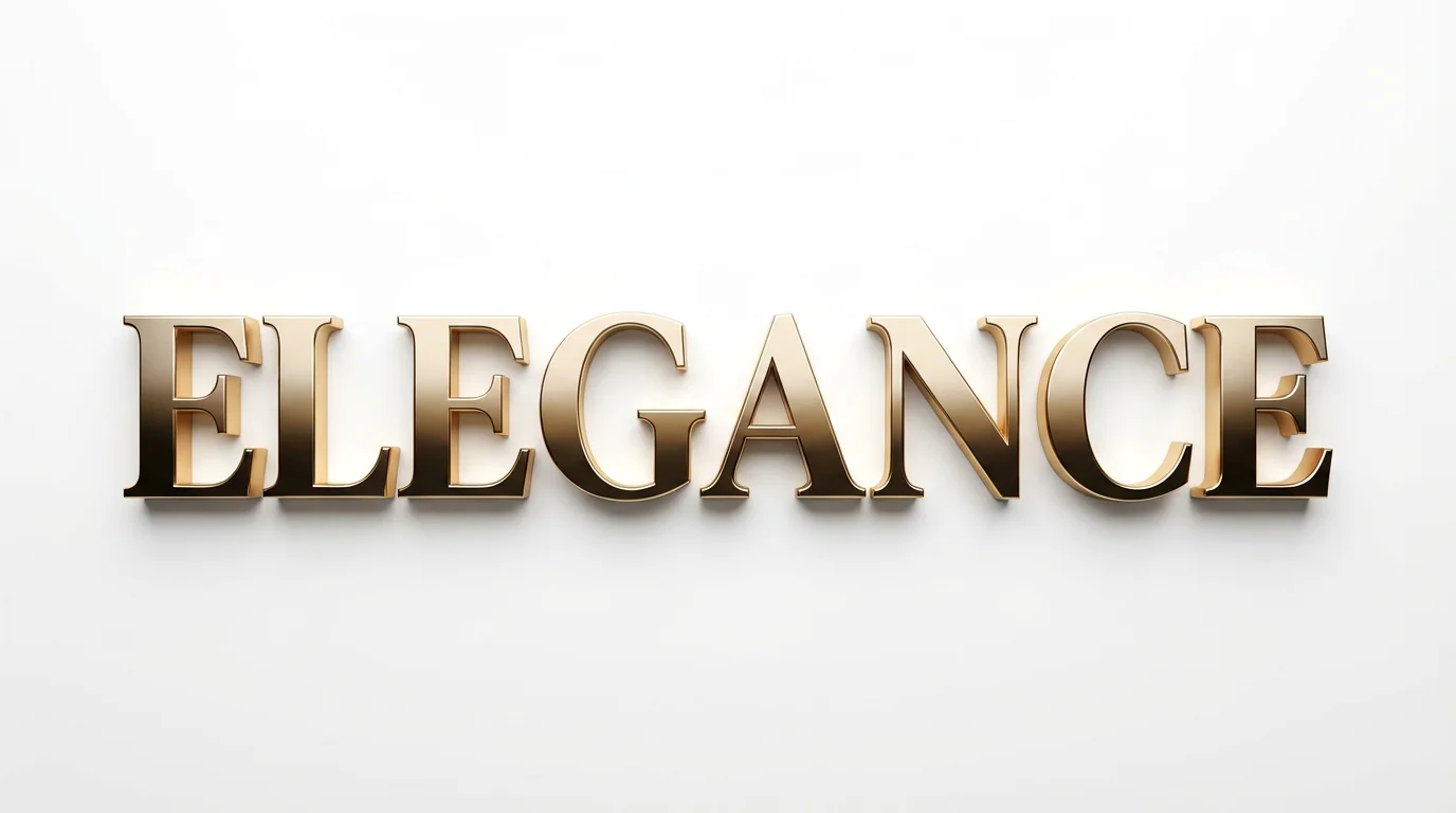 A mockup showcasing the word 'ELEGANCE' written in a bold, 3D serif font with a shimmering gold gradient, set against a clean white background.
