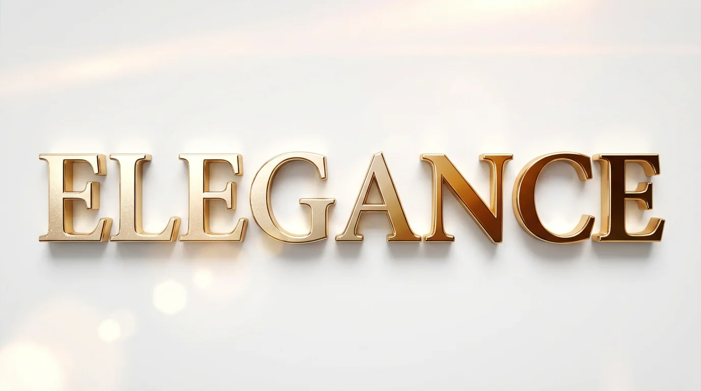 A photorealistic close-up of the word 'ELEGANCE' in a 3D serif font, featuring a luxurious gold gradient effect on a clean white background.