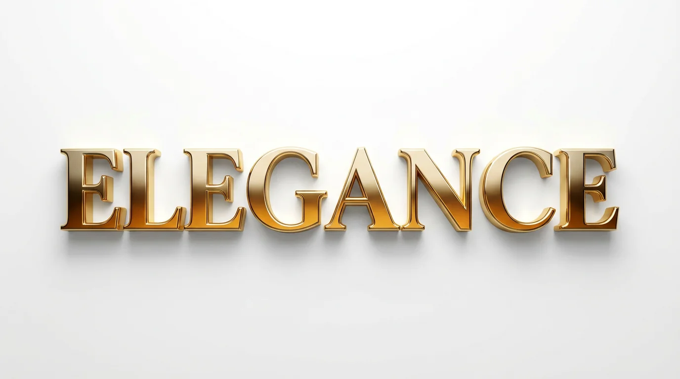 The word "ELEGANCE" is displayed in a 3D metallic serif font with a polished gold gradient effect, transitioning from light to dark gold, set against a plain white background.