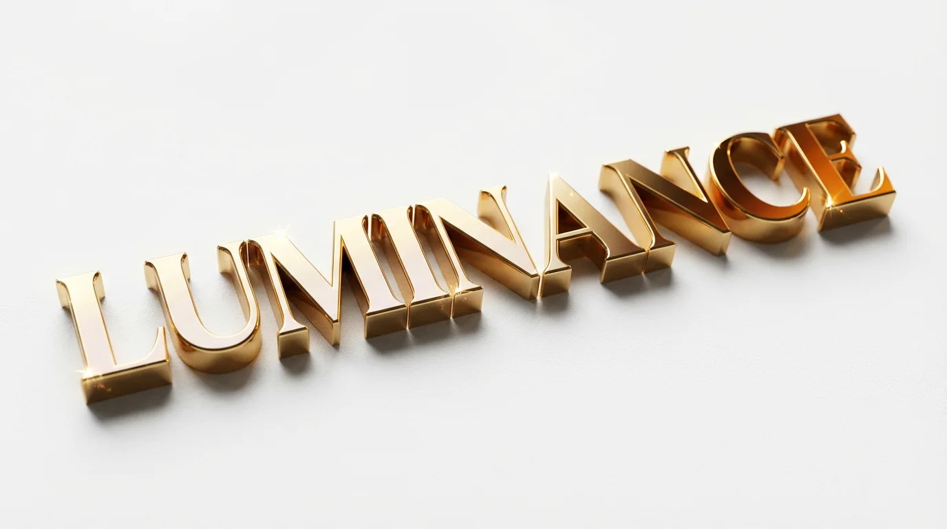 A photorealistic mockup of the word 'LUMINANCE' rendered in a bold, 3D style with a shimmering gold gradient effect, set against a clean white background.