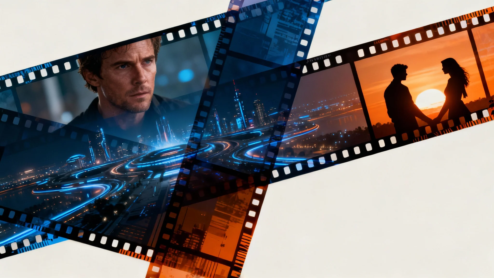 A beautifully designed film collage in a 16:9 aspect ratio, showing the final result of a design tool. The collage features overlapping movie stills of different genres, mixed with 35mm film strips, on a clean background.