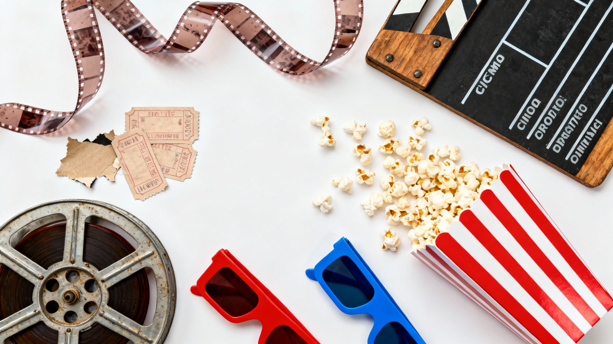 A flat lay photo of a collage of movie-related items on a white background, including film strips, a clapperboard, popcorn, and ticket stubs, celebrating cinema.
