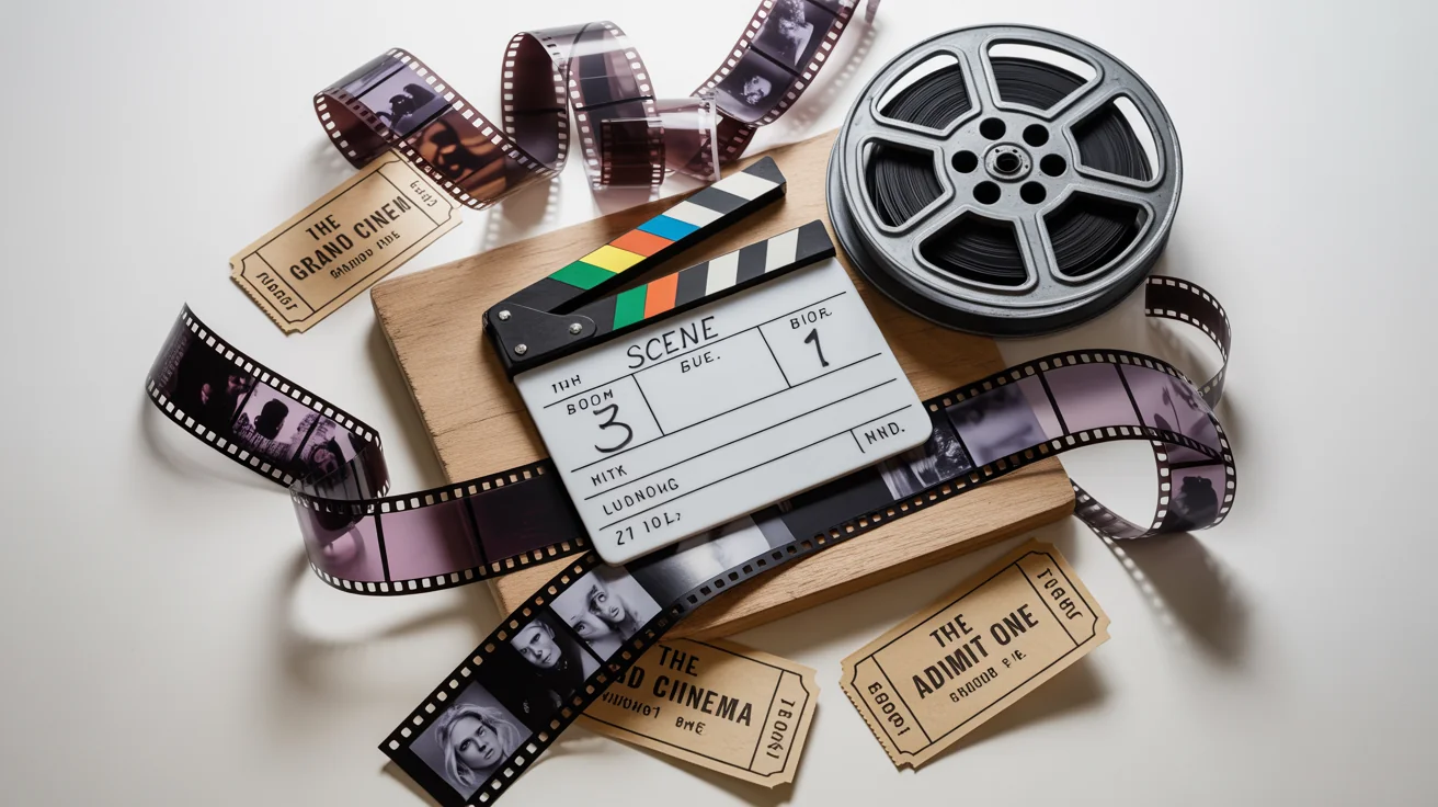 A flat lay collage of vintage film memorabilia on a white background, including film strips, old movie tickets, a clapperboard, and a film reel, creating a nostalgic cinematic theme.