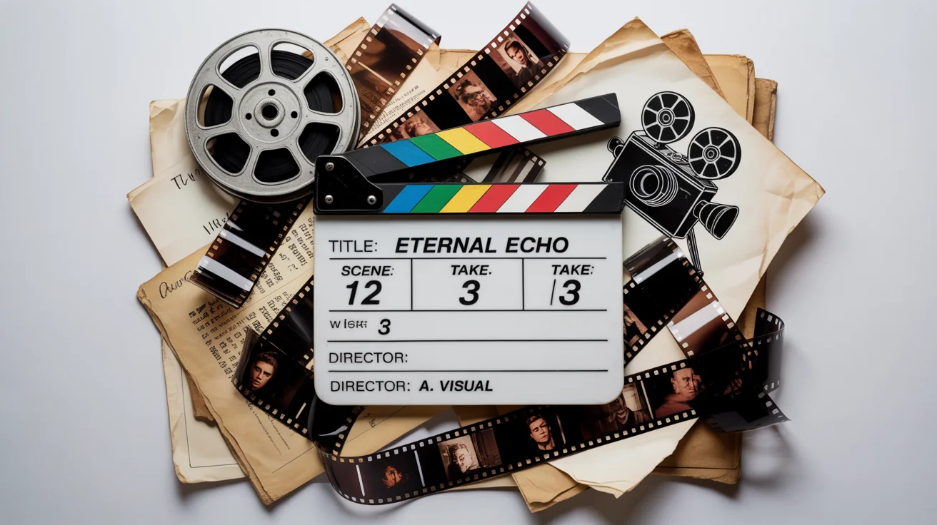 An artistic flat-lay collage mockup celebrating cinema, featuring film strips, vintage movie stills, a film reel, and a director's clapperboard on a clean white background.