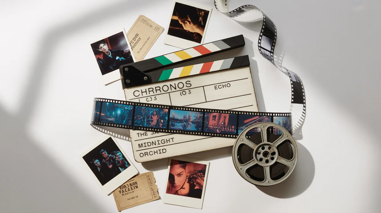 A vibrant collage of movie-themed items, including film strips, a clapboard, and fictional vintage movie posters, arranged on a clean white background to represent a film collage.