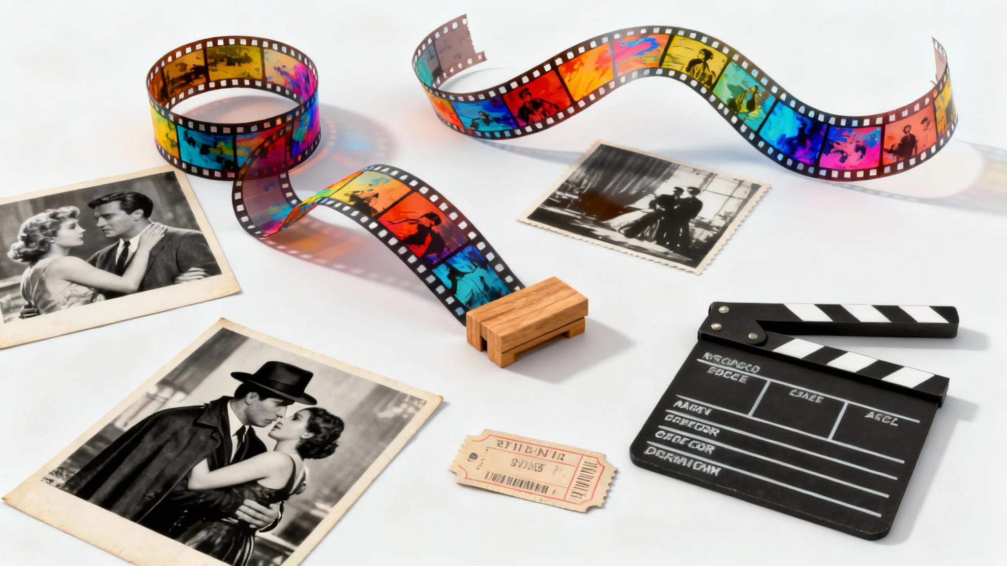 An artistic collage of film-related items on a white background, including film strips, vintage photos, and a clapperboard, showcasing a creative film collage concept.