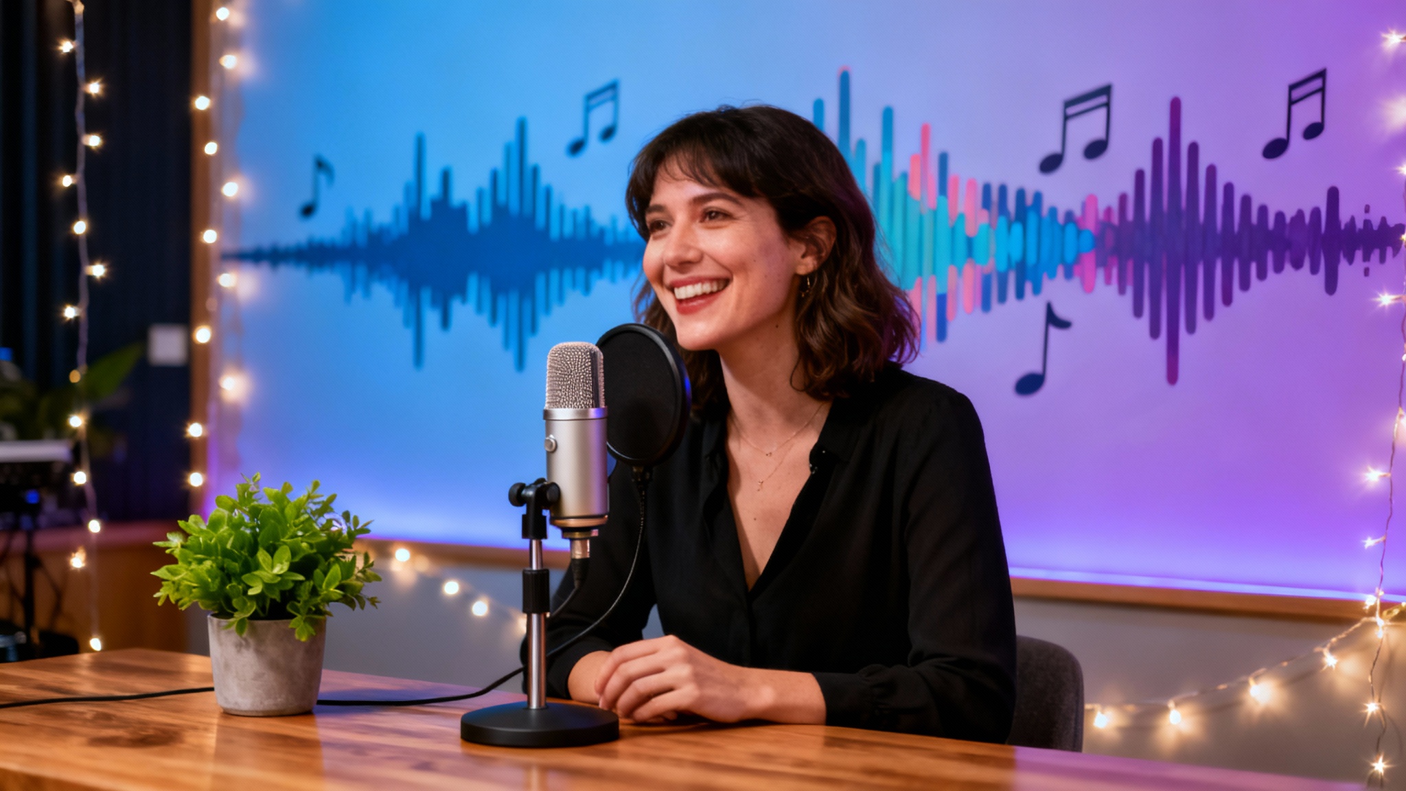 A female podcast host records an episode in a professional studio, with a vibrant mural of sound waves and musical notes as her backdrop, complete with a microphone, plant, and fairy lights.
