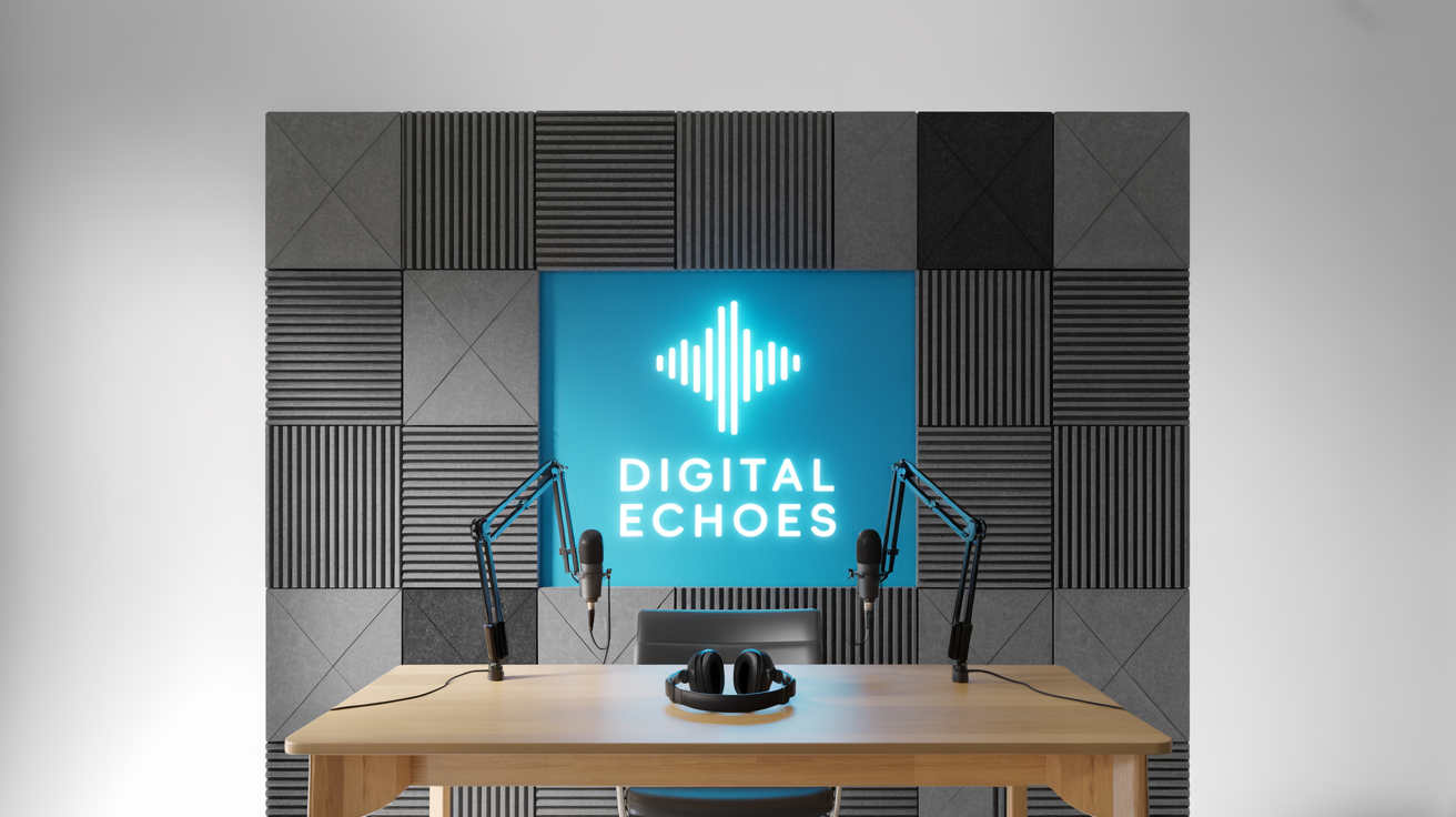 A professional podcast studio mockup with a custom backdrop featuring a cyan soundwave logo and the text 'Digital Echoes' on dark acoustic panels. Two microphones are set up on a desk in front.