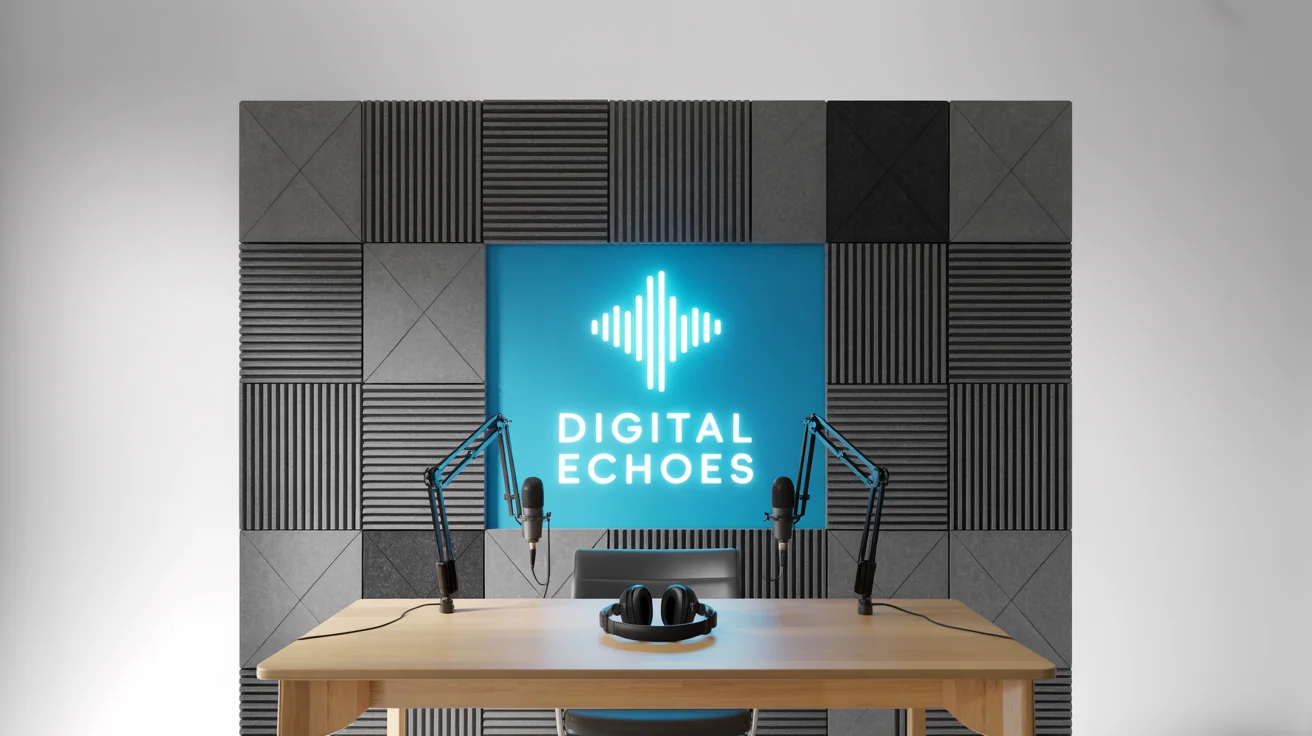 A professional podcast studio mockup with a custom backdrop featuring a cyan soundwave logo and the text 'Digital Echoes' on dark acoustic panels. Two microphones are set up on a desk in front.