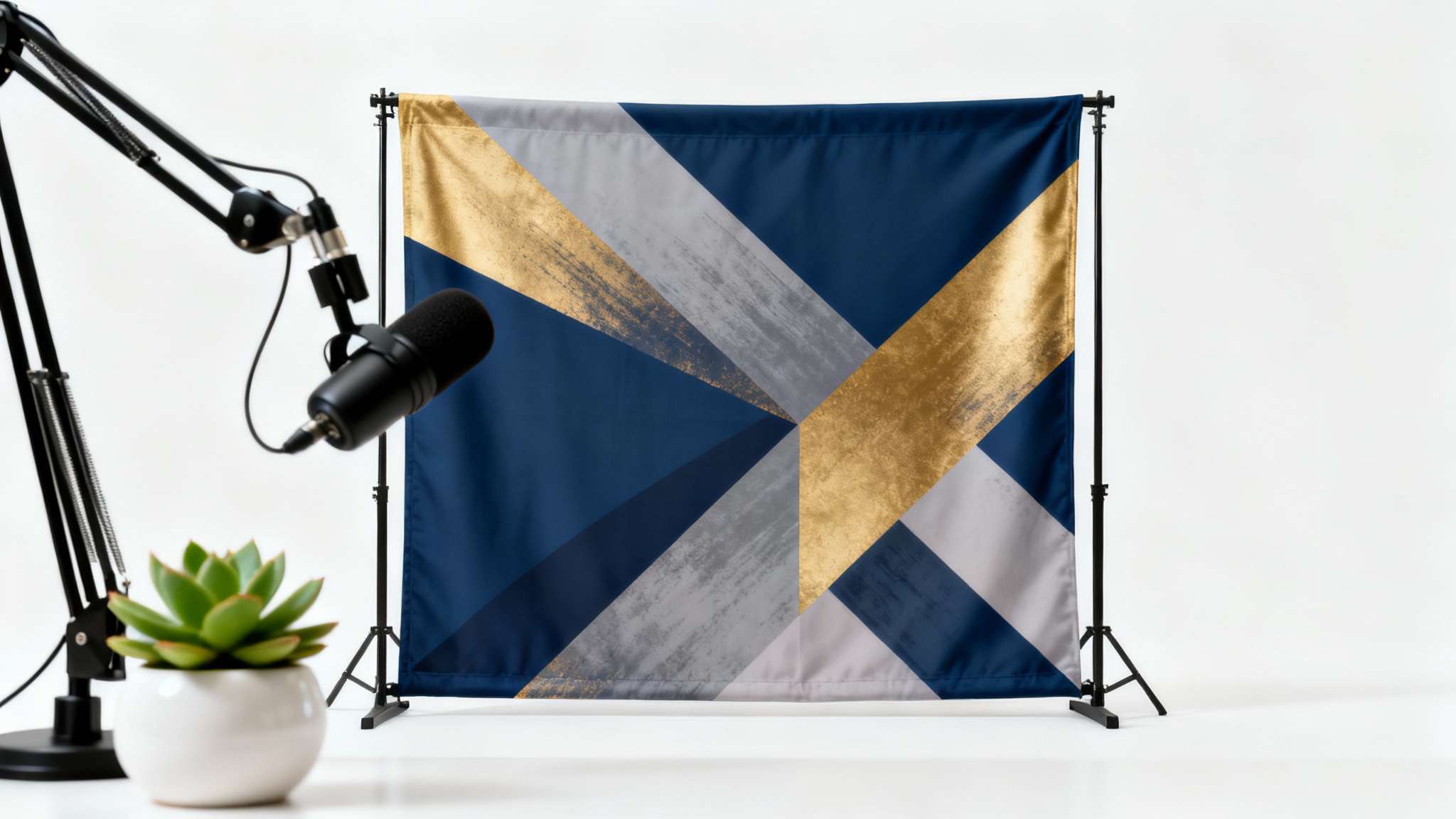 A modern podcast backdrop with an abstract geometric design in navy, gold, and gray, shown in a clean studio setting with a microphone and a plant in the foreground.