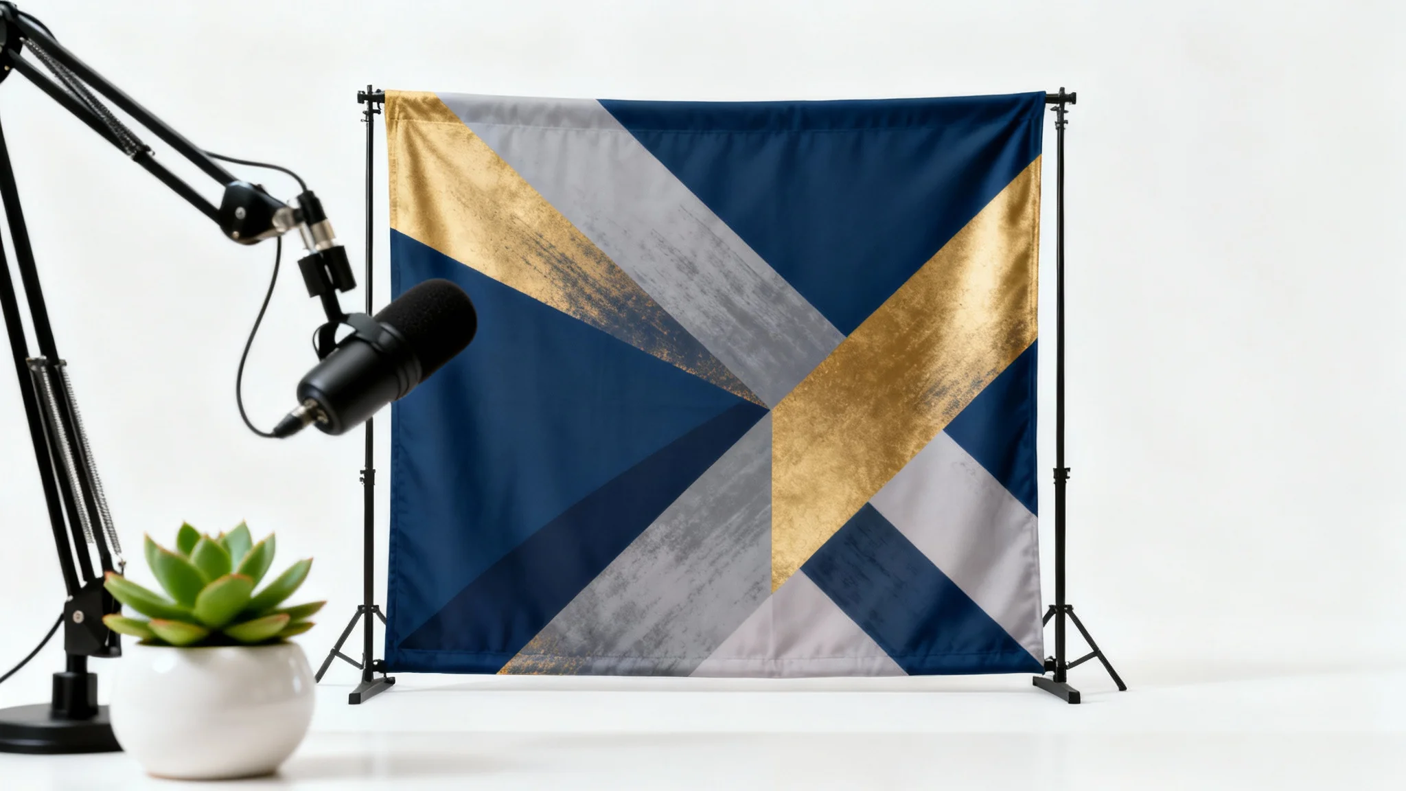 A modern podcast backdrop with an abstract geometric design in navy, gold, and gray, shown in a clean studio setting with a microphone and a plant in the foreground.