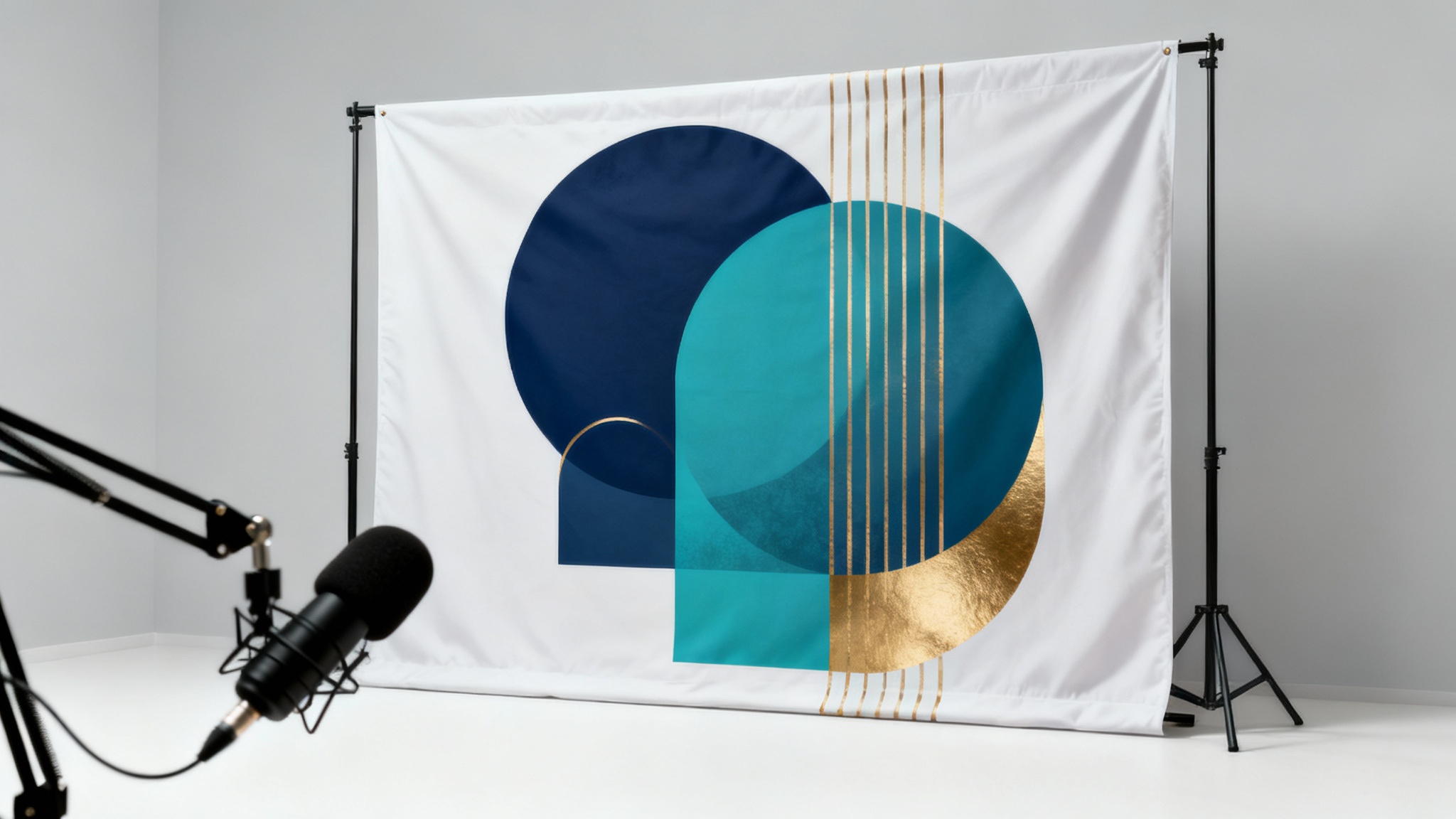 A professional podcast backdrop featuring a modern geometric design in navy, teal, and gold, displayed in a minimalist studio with a microphone in the foreground.