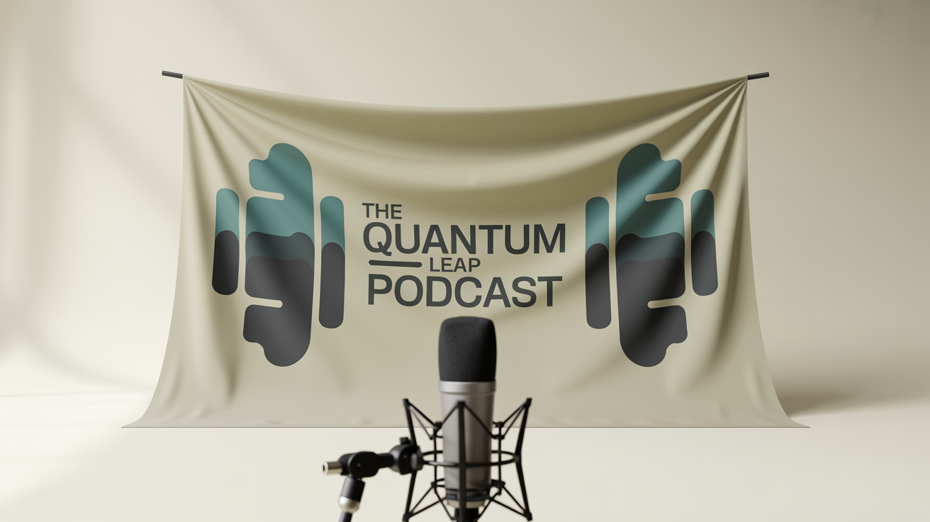 A professional podcast backdrop with the text 'THE QUANTUM LEAP PODCAST' set up in a clean studio with a broadcast microphone in the foreground.