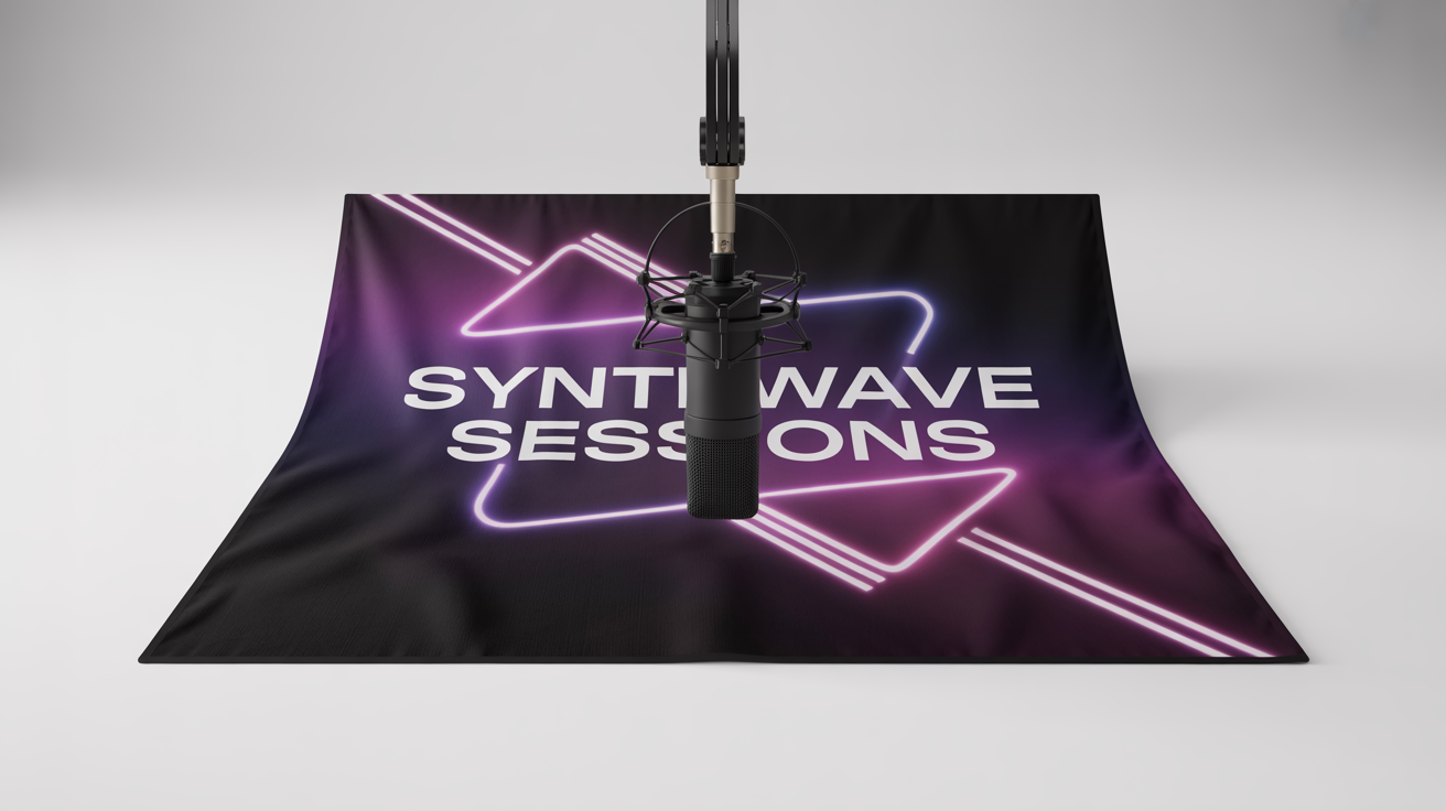 A professional podcasting backdrop on a stand, featuring the words 'SYNTHWAVE SESSIONS' and geometric designs, set up with a broadcast microphone in front, all against a clean white background.