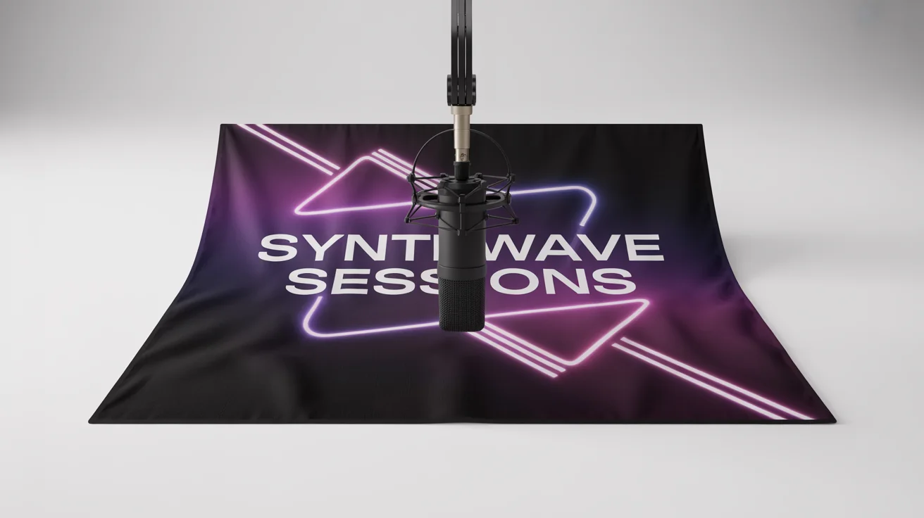 A professional podcasting backdrop on a stand, featuring the words 'SYNTHWAVE SESSIONS' and geometric designs, set up with a broadcast microphone in front, all against a clean white background.