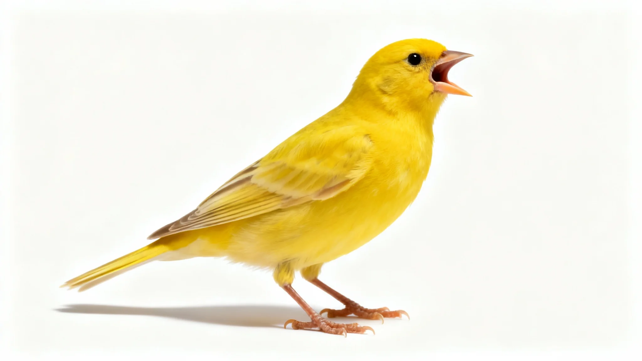 A photorealistic image of a vibrant yellow canary, shown as if it were a PNG with a transparent background, casting a soft shadow on a white surface.