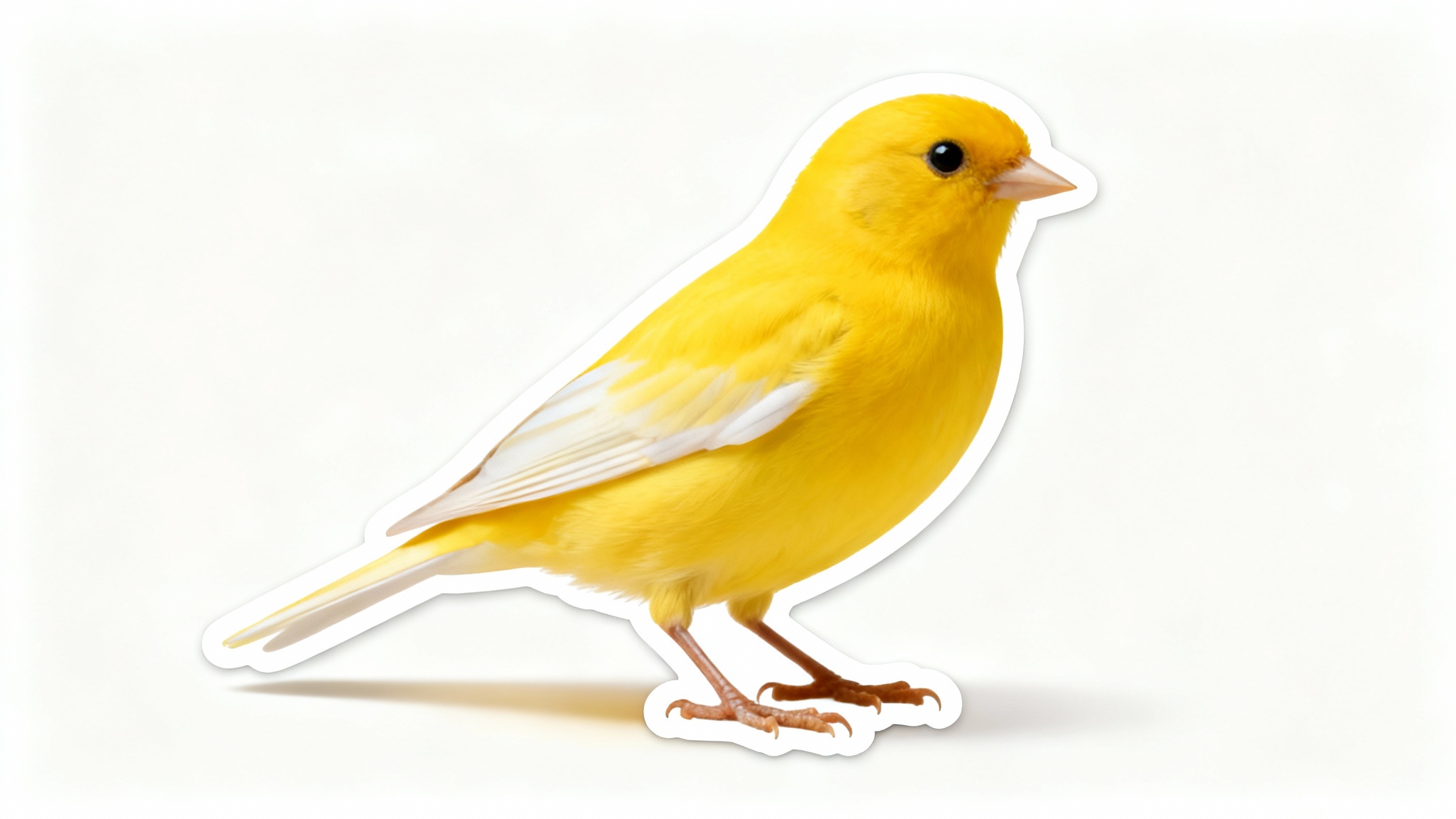 A hyper-realistic digital illustration of a bright yellow canary perched against a solid white background, viewed from the side.
