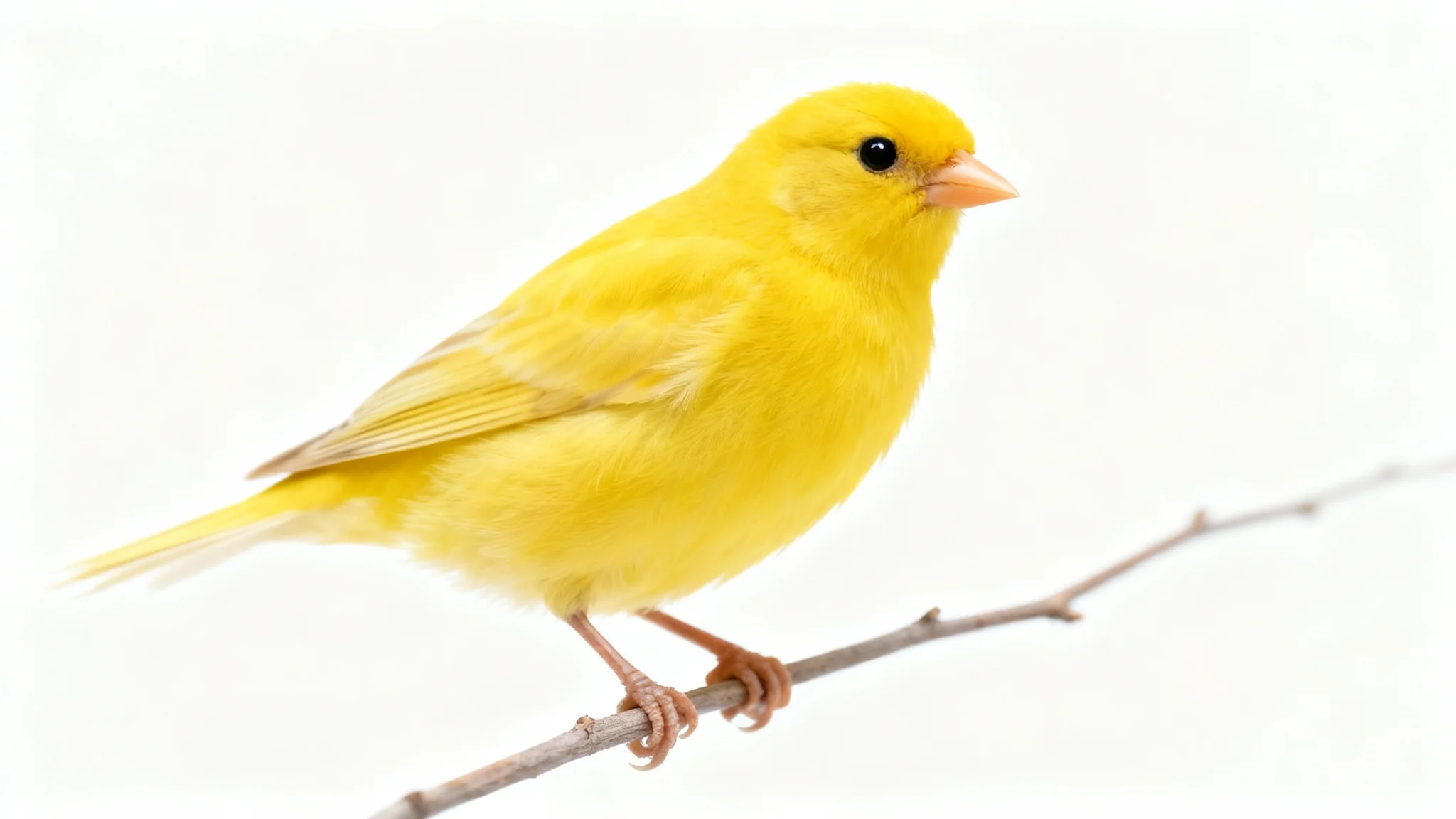 A high-quality, detailed image of a single bright yellow canary bird perched on a branch against a solid white background.