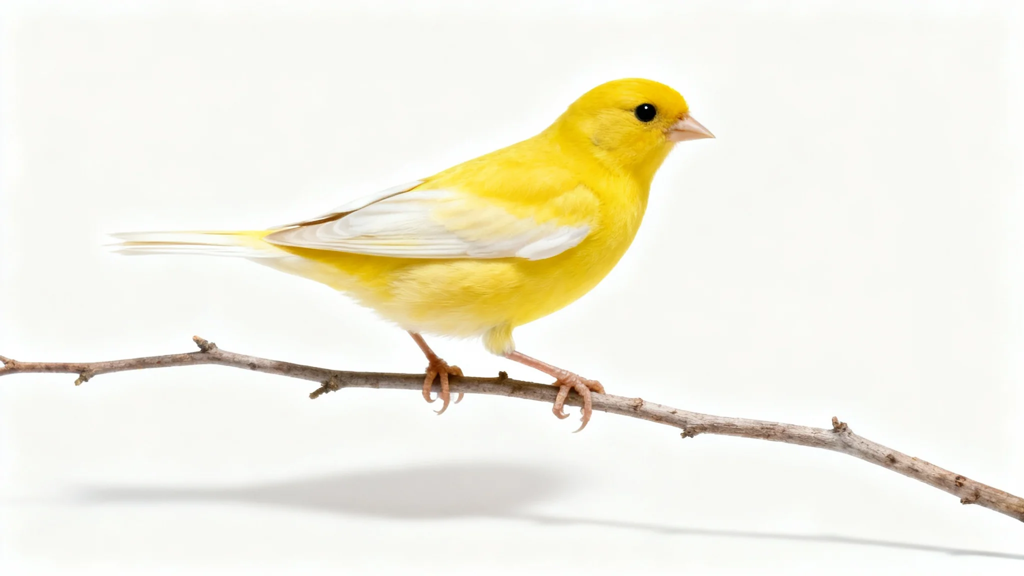 A highly detailed, photorealistic image of a bright yellow canary perched on a thin branch, isolated against a solid white background.