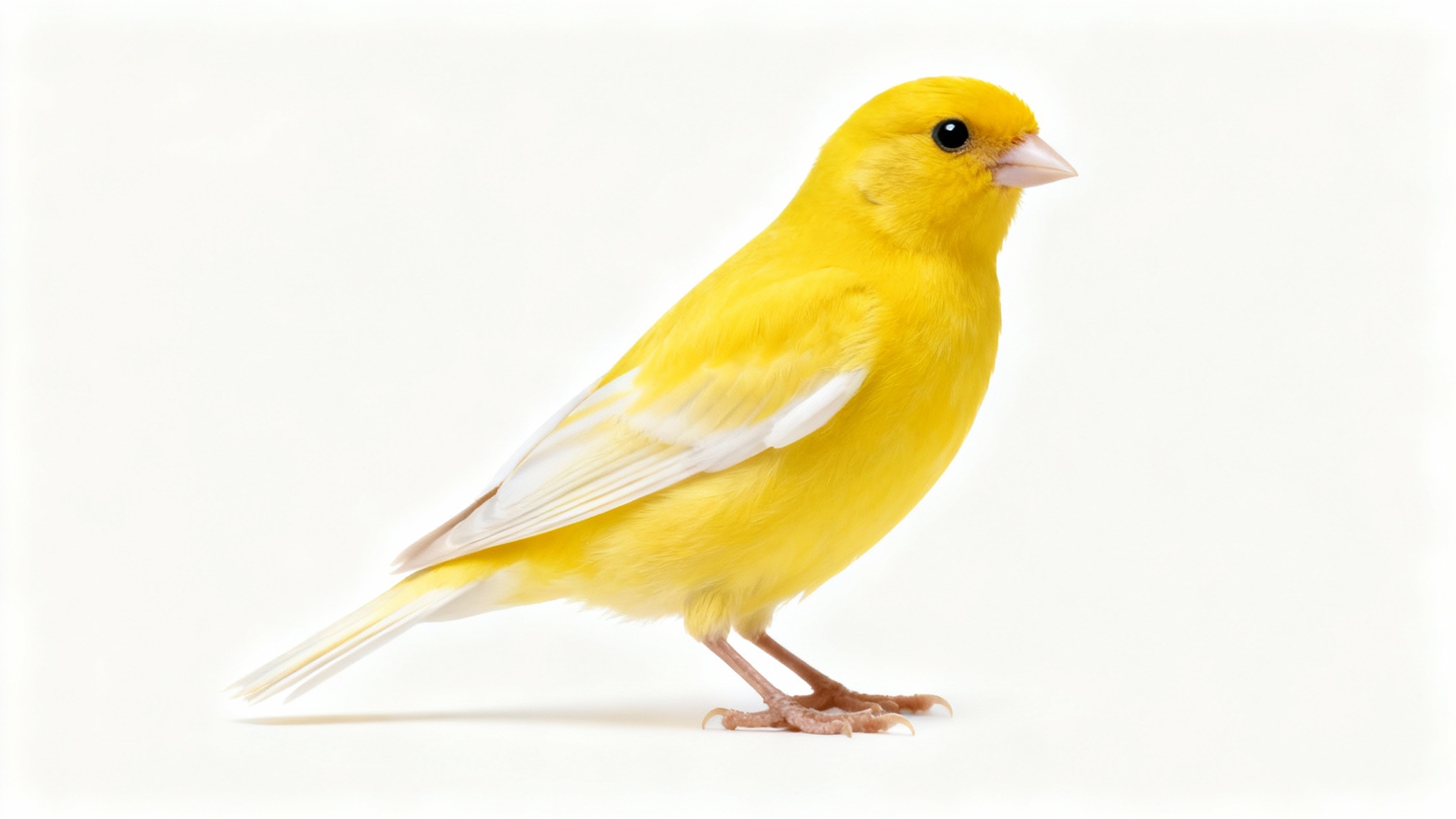 A photorealistic, side-view image of a single bright yellow canary perched elegantly against a solid white background.