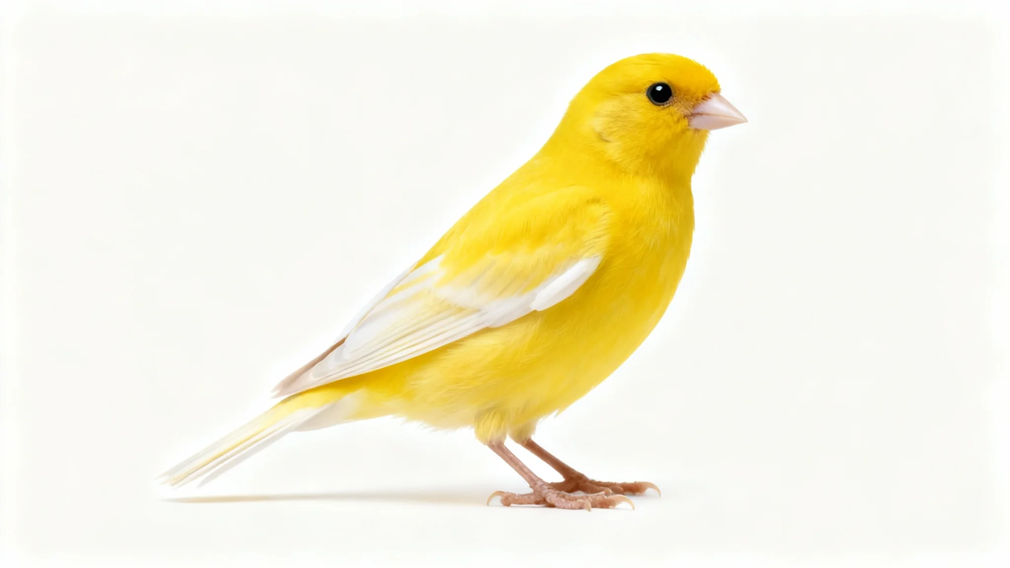 A photorealistic, side-view image of a single bright yellow canary perched elegantly against a solid white background.