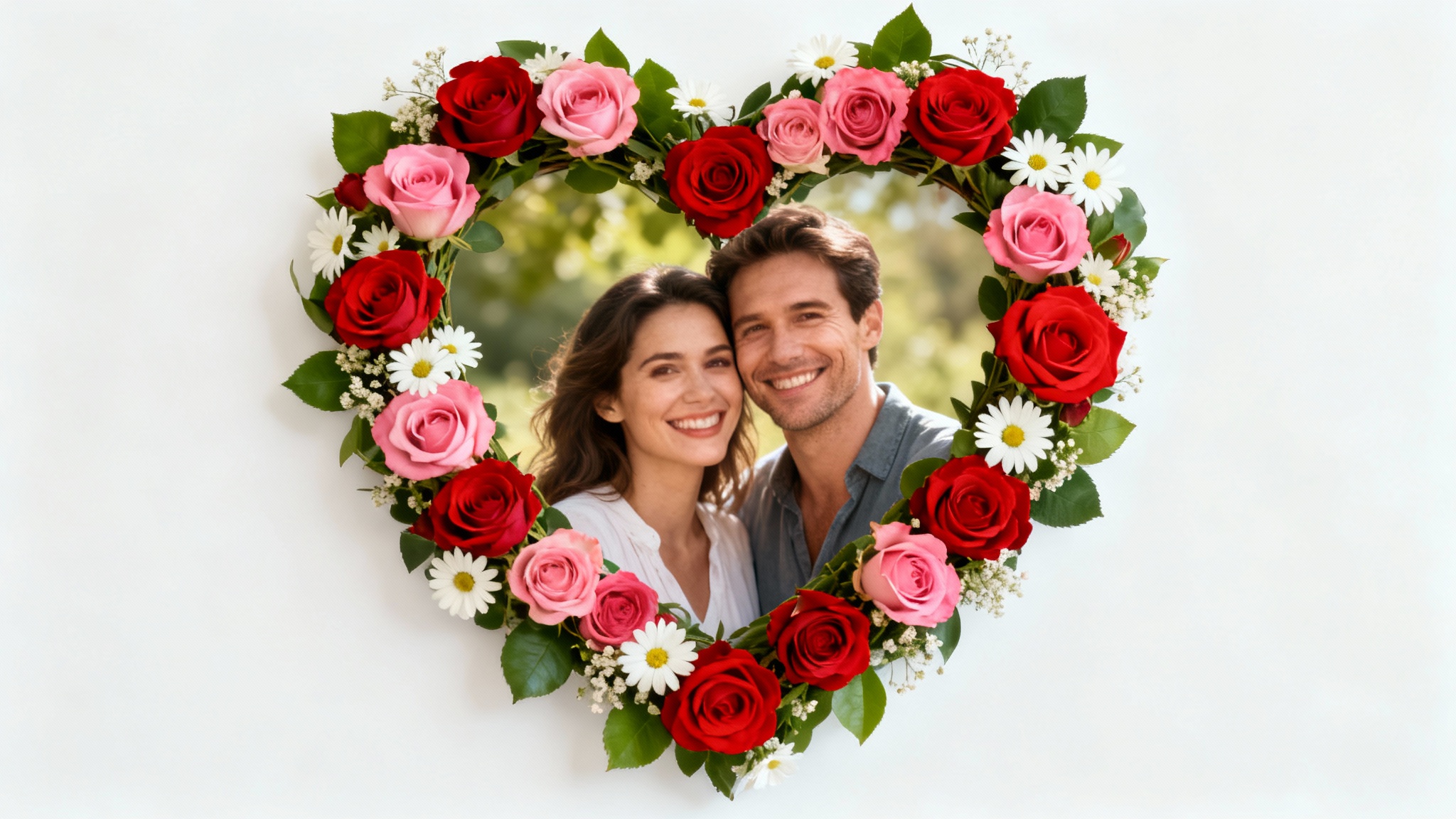 A final design showing a photo of a happy couple placed inside a romantic, heart-shaped floral wreath frame made of roses and daisies.