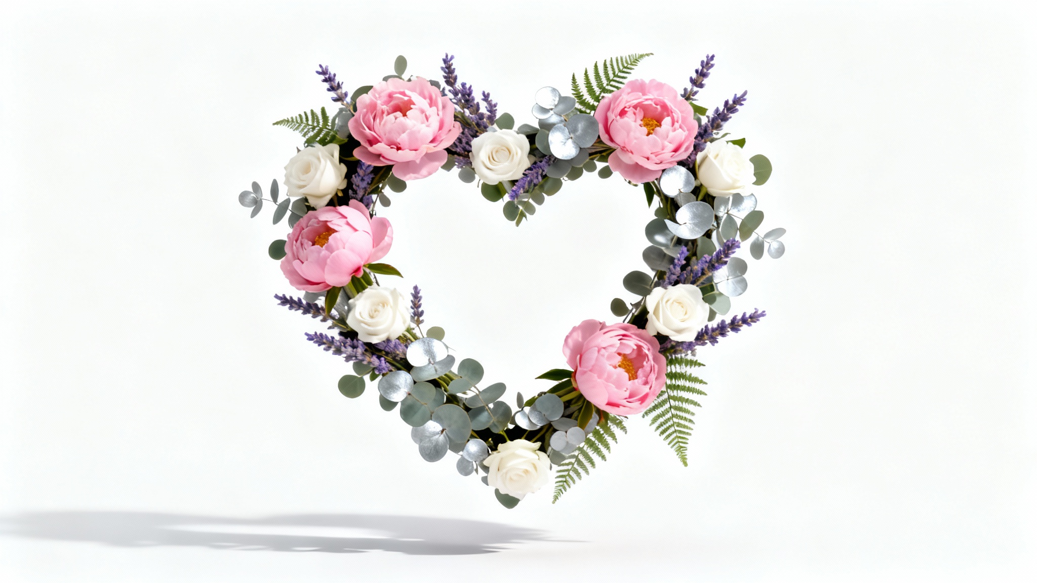 A beautiful, photorealistic heart-shaped wreath made of pink and white flowers with green foliage, presented as a frame against a plain white background.