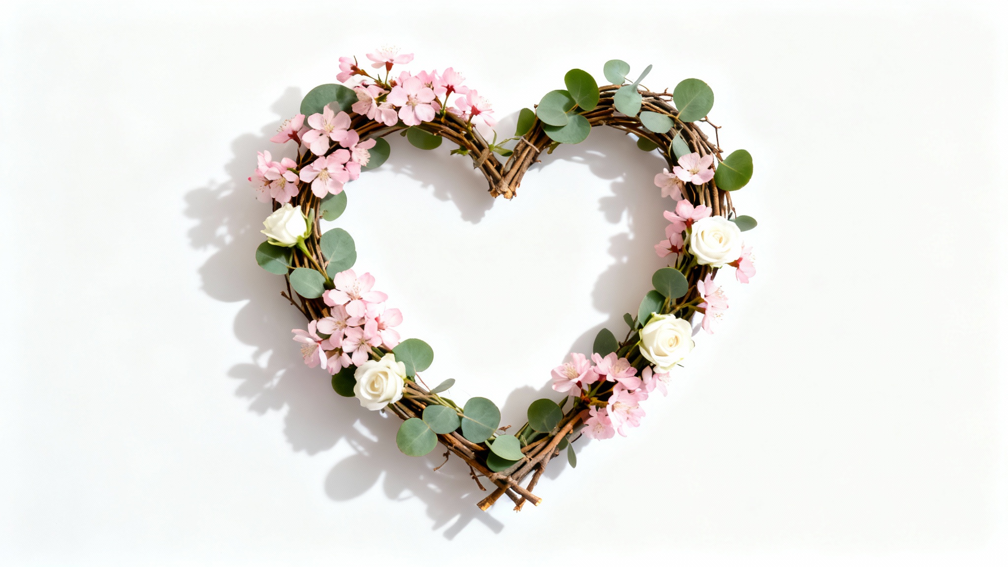 A beautiful heart-shaped wreath frame made of pink and white flowers with green leaves, presented as a mockup on a plain white background.