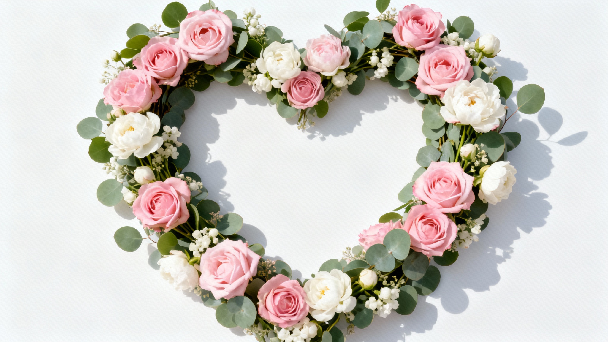 A romantic, heart-shaped wreath frame made of pink roses and white peonies, displayed against a clean white background.