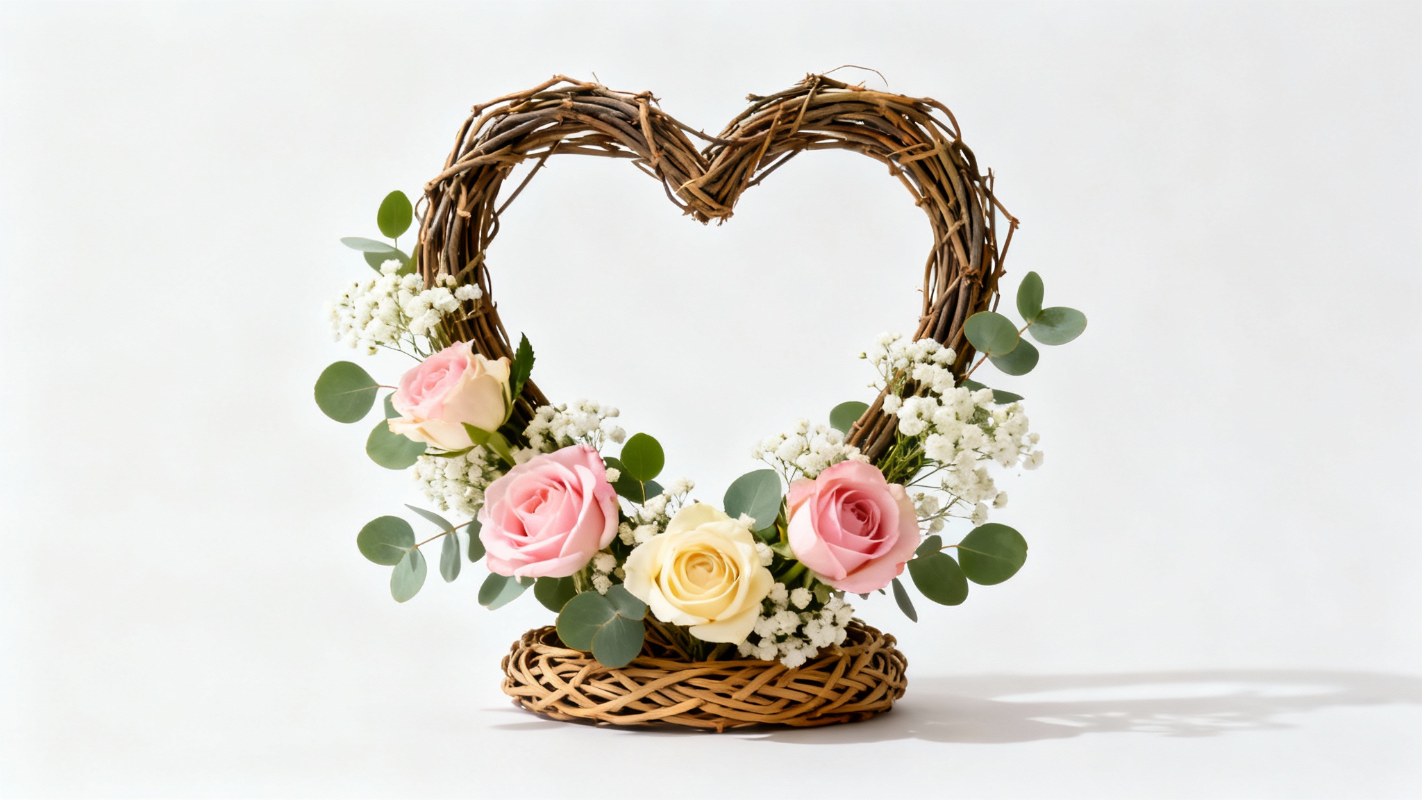 A close-up studio shot of an elegant heart-shaped wreath made of pink and white roses and green leaves, designed to be used as a decorative frame, set against a plain white background.