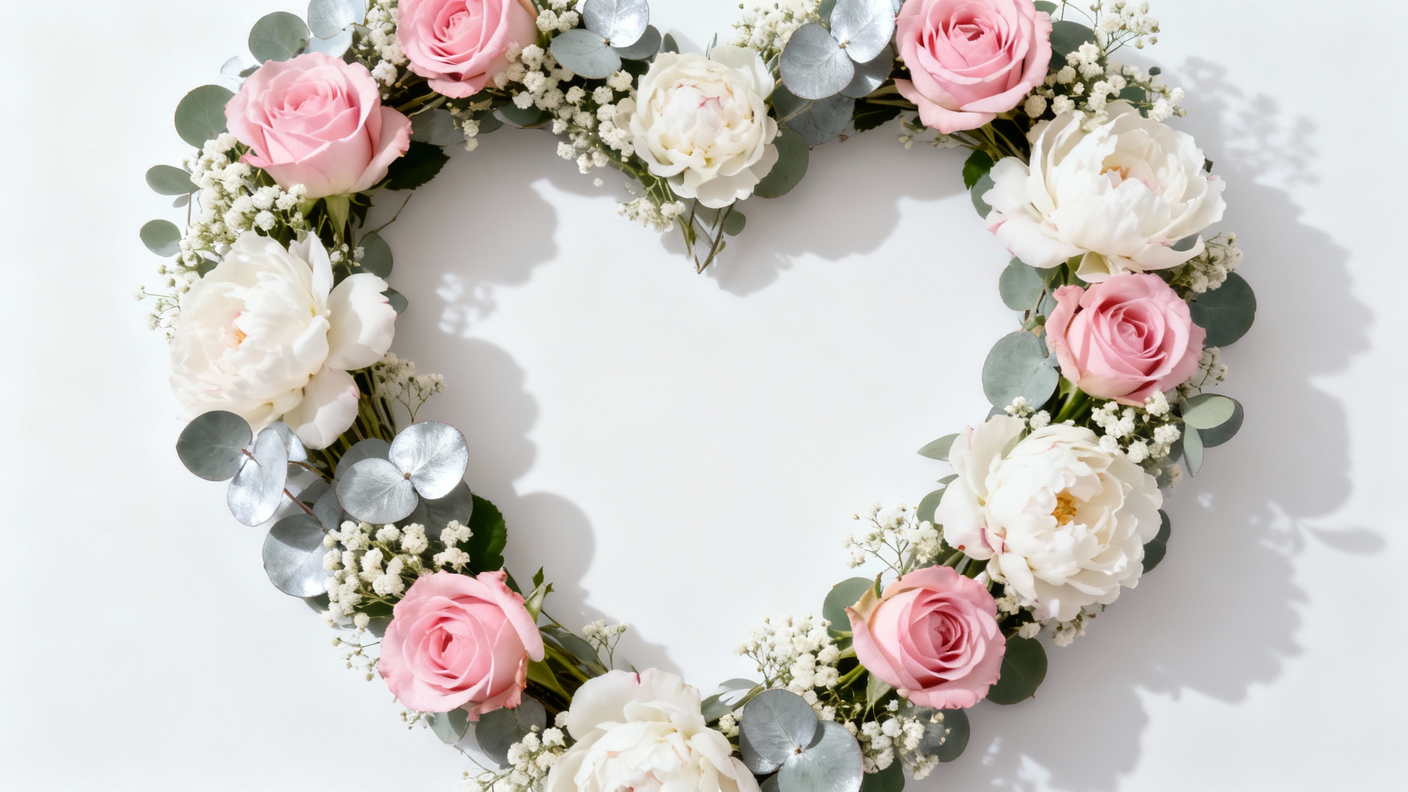 A beautiful heart-shaped wreath made of pink and white flowers and green leaves, presented as a frame against a clean white background.