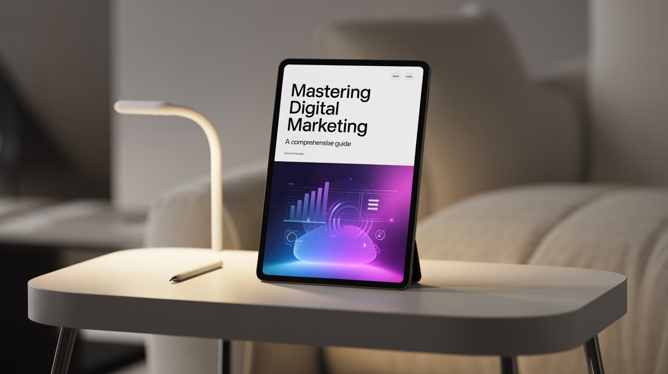 A polished digital course cover for 'Mastering Digital Marketing' displayed on a tablet, featuring a vibrant purple gradient, modern graphics, and clean typography.