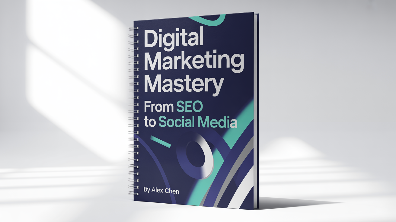 A professional mockup of a spiral-bound course workbook titled 'Digital Marketing Mastery' by Alex Chen, featuring a modern navy blue and teal design, standing on a clean white background.