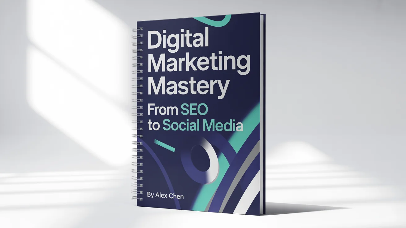 A professional mockup of a spiral-bound course workbook titled 'Digital Marketing Mastery' by Alex Chen, featuring a modern navy blue and teal design, standing on a clean white background.
