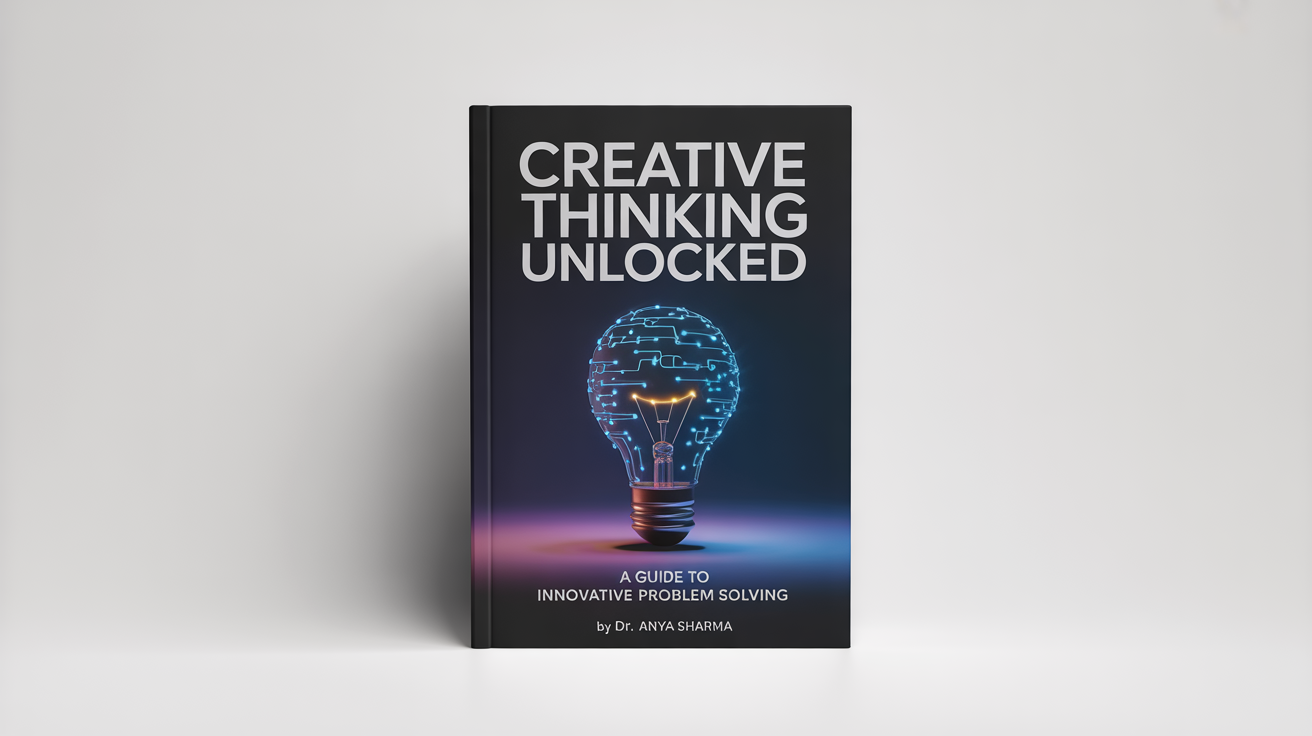 A mockup of a course cover for 'Creative Thinking Unlocked' by Dr. Anya Sharma, featuring a modern design with a glowing lightbulb graphic against a white background.