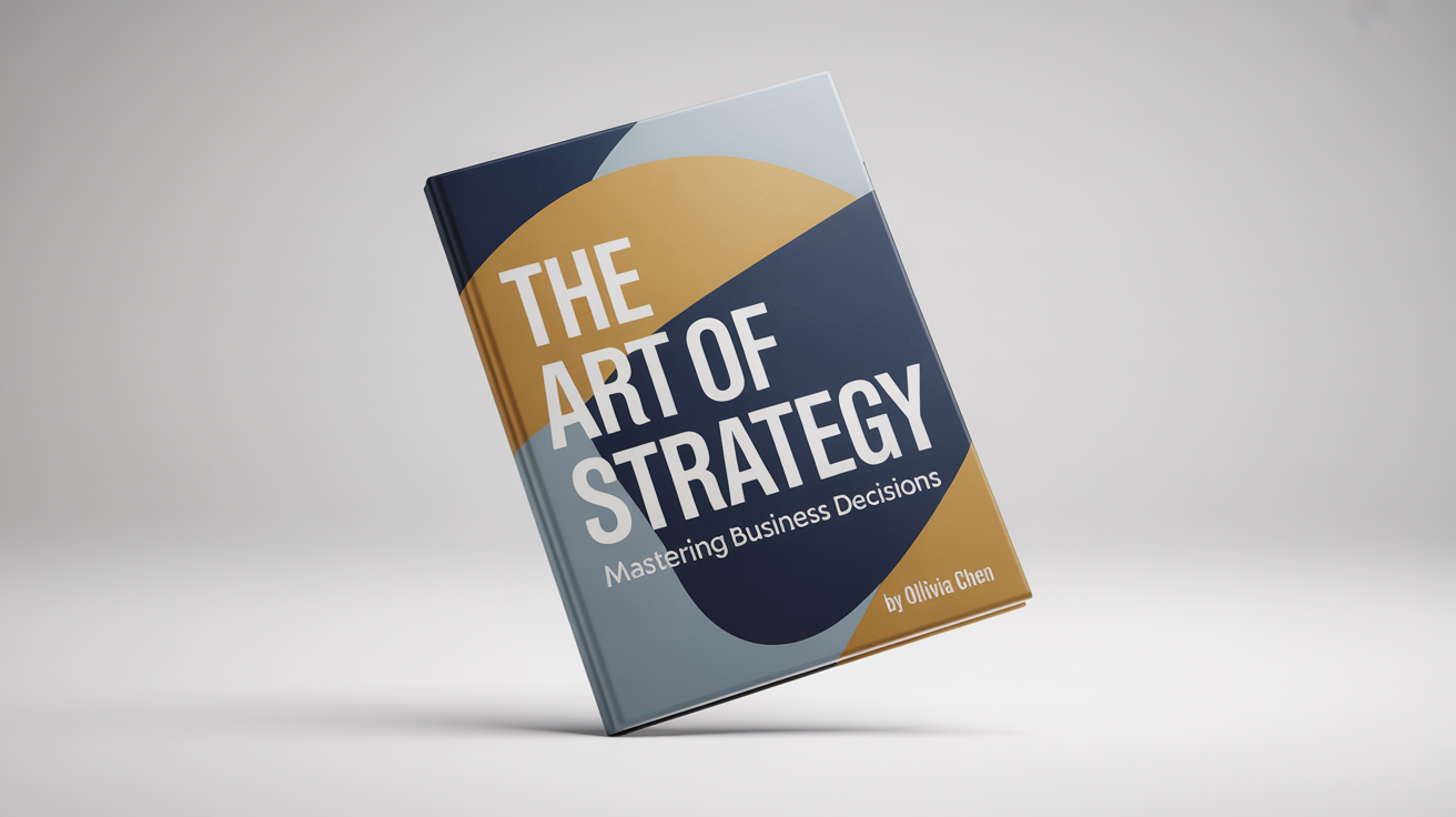 A professional mockup of a course cover titled 'The Art of Strategy' by Olivia Chen, featuring a modern, geometric design in blue, gold, and grey, set against a clean white background.
