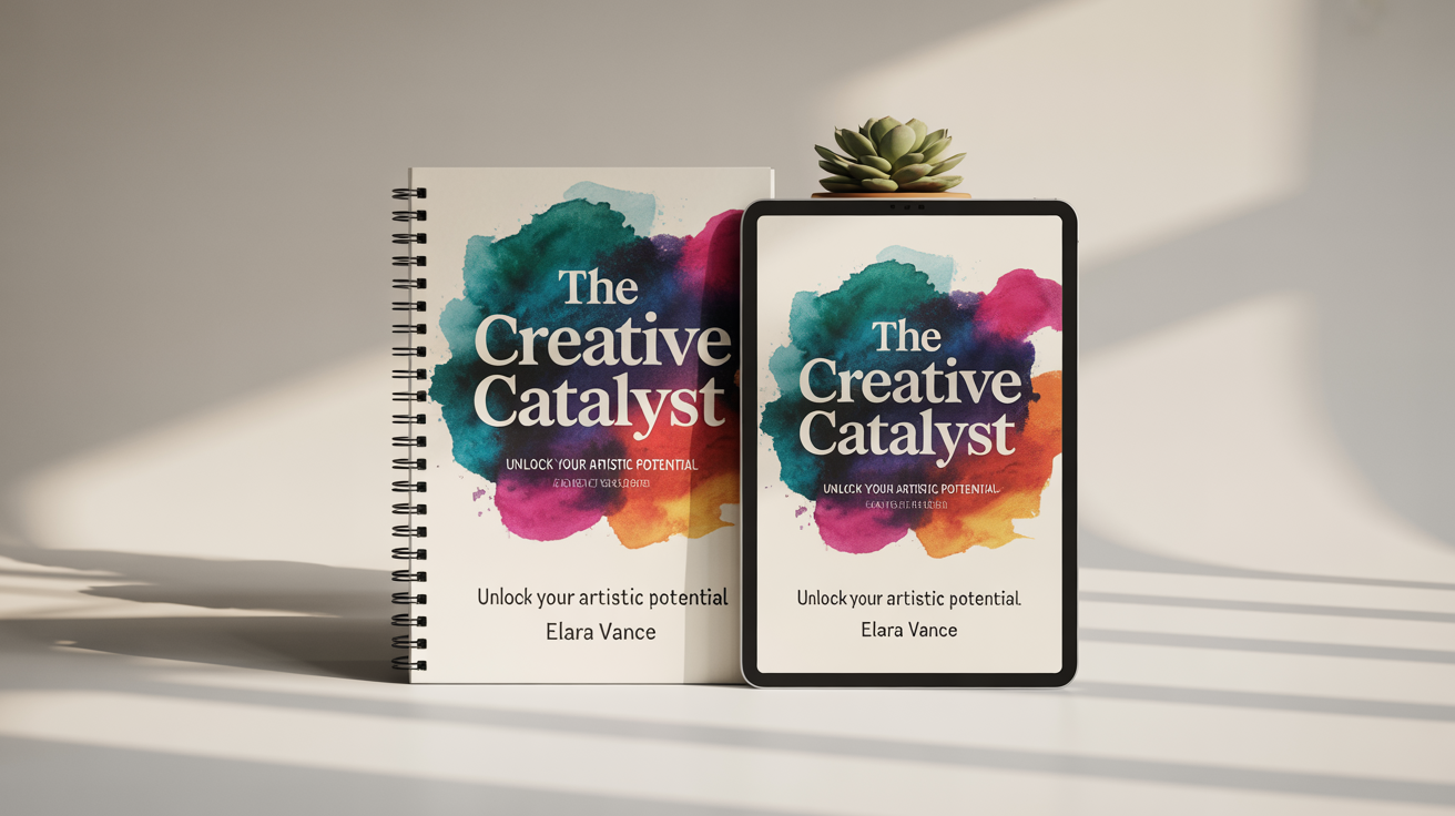 A professional mockup for a course cover, showing a spiral-bound workbook and a tablet with the ebook version. The cover is titled 'The Creative Catalyst' by 'Elara Vance' and has a vibrant, abstract watercolor design.