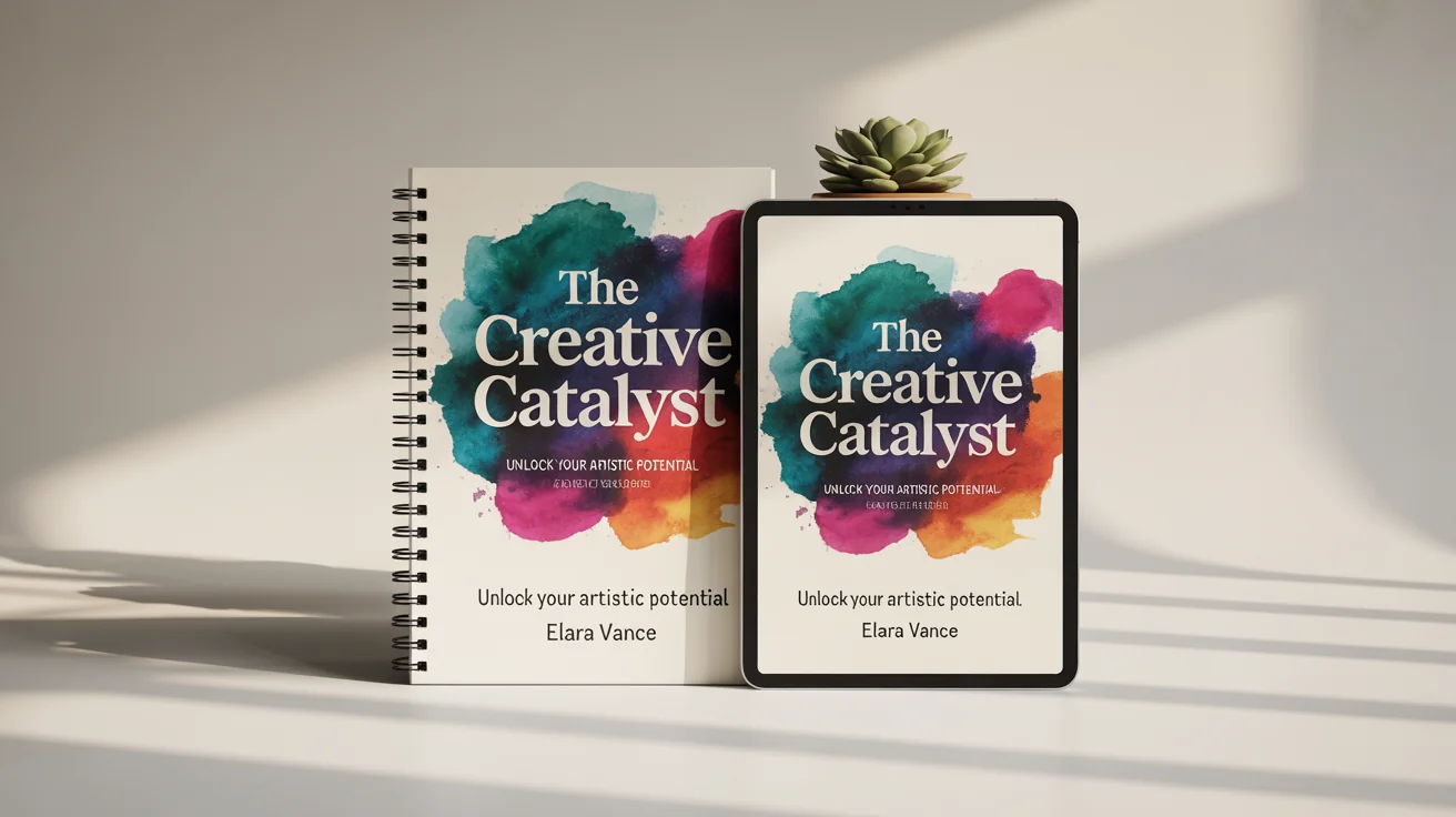 A professional mockup for a course cover, showing a spiral-bound workbook and a tablet with the ebook version. The cover is titled 'The Creative Catalyst' by 'Elara Vance' and has a vibrant, abstract watercolor design.