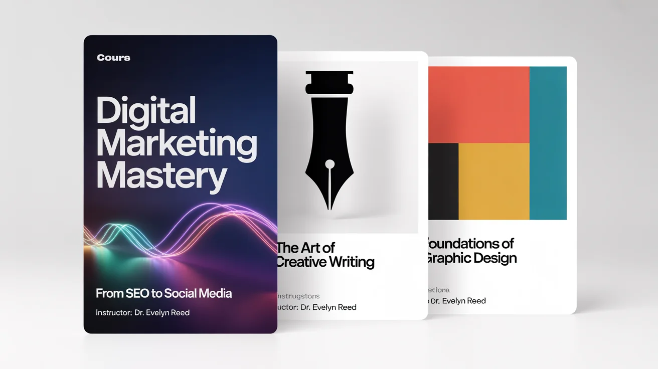 Three professionally designed course cover mockups displayed in a row. The covers are for courses on digital marketing, creative writing, and graphic design, each with a unique and modern design style.