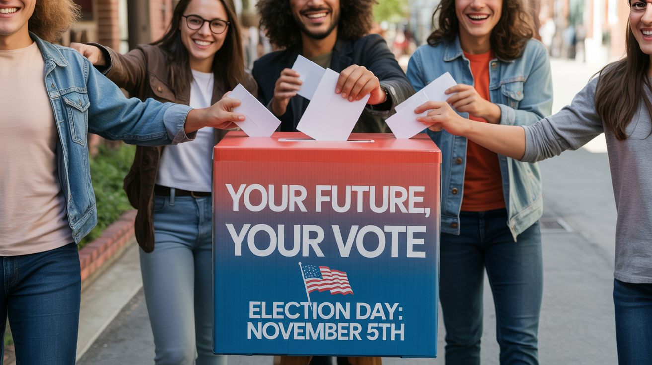 A motion graphic still for a political campaign showing stylized characters voting. Text on the image reads 'YOUR FUTURE, YOUR VOTE' and 'ELECTION DAY: NOVEMBER 5TH'.