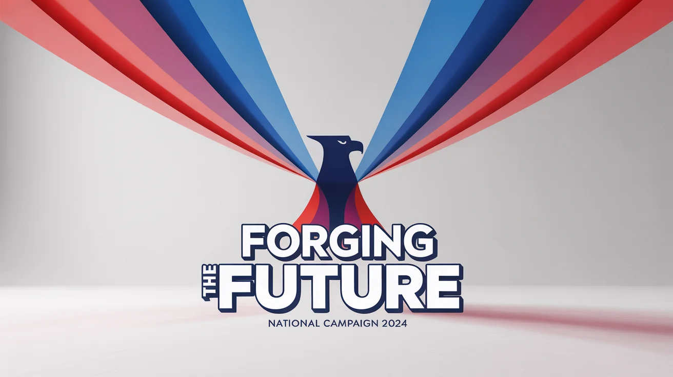 A still from a political motion graphic showing a stylized eagle and red and blue bands, with the text 'FORGING THE FUTURE' and 'NATIONAL CAMPAIGN 2024'.