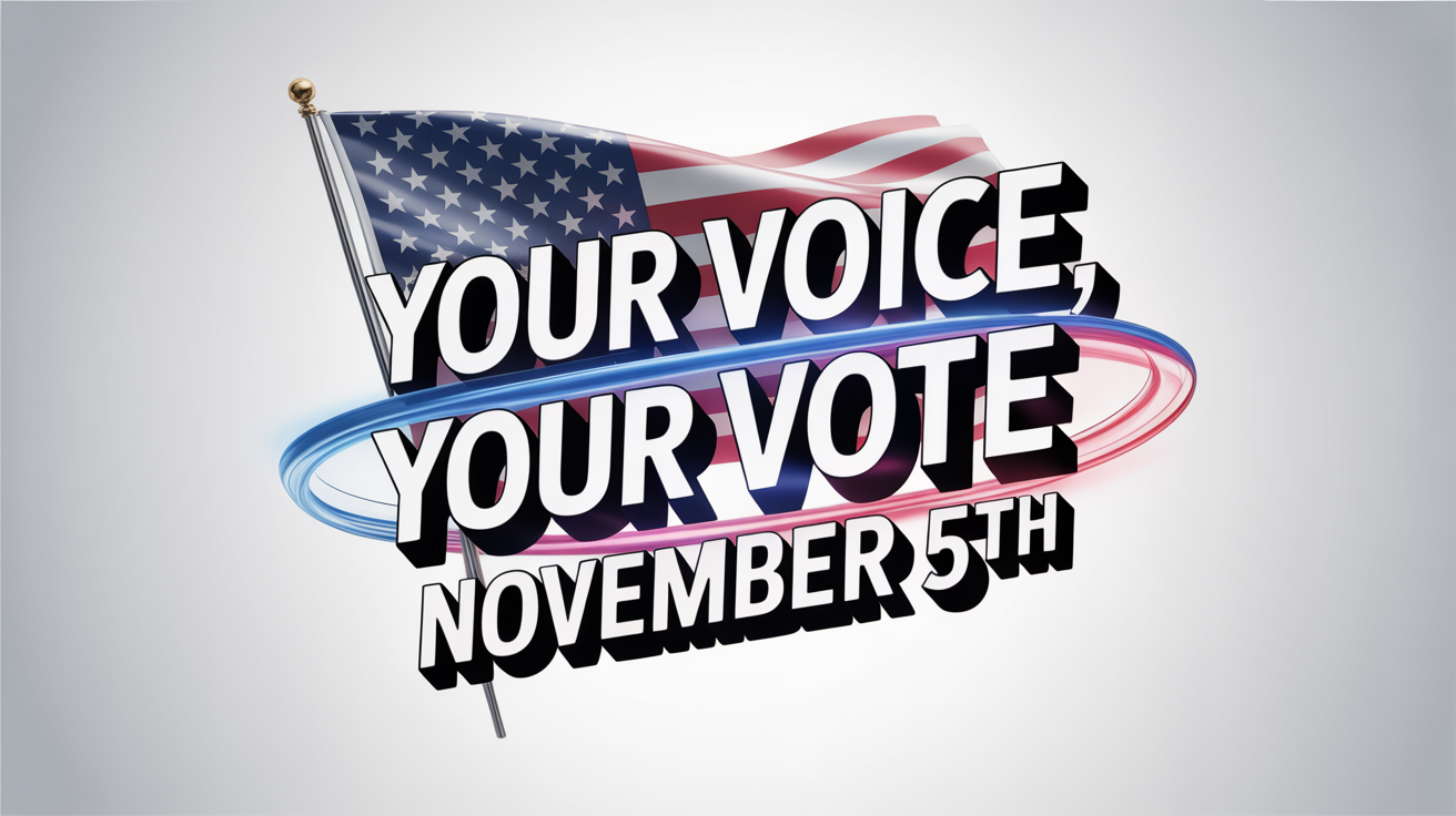 A mockup of a political motion graphic with 3D text reading 'YOUR VOICE, YOUR VOTE' and 'NOVEMBER 5TH' against a backdrop of red and blue light streaks and a stylized American flag.